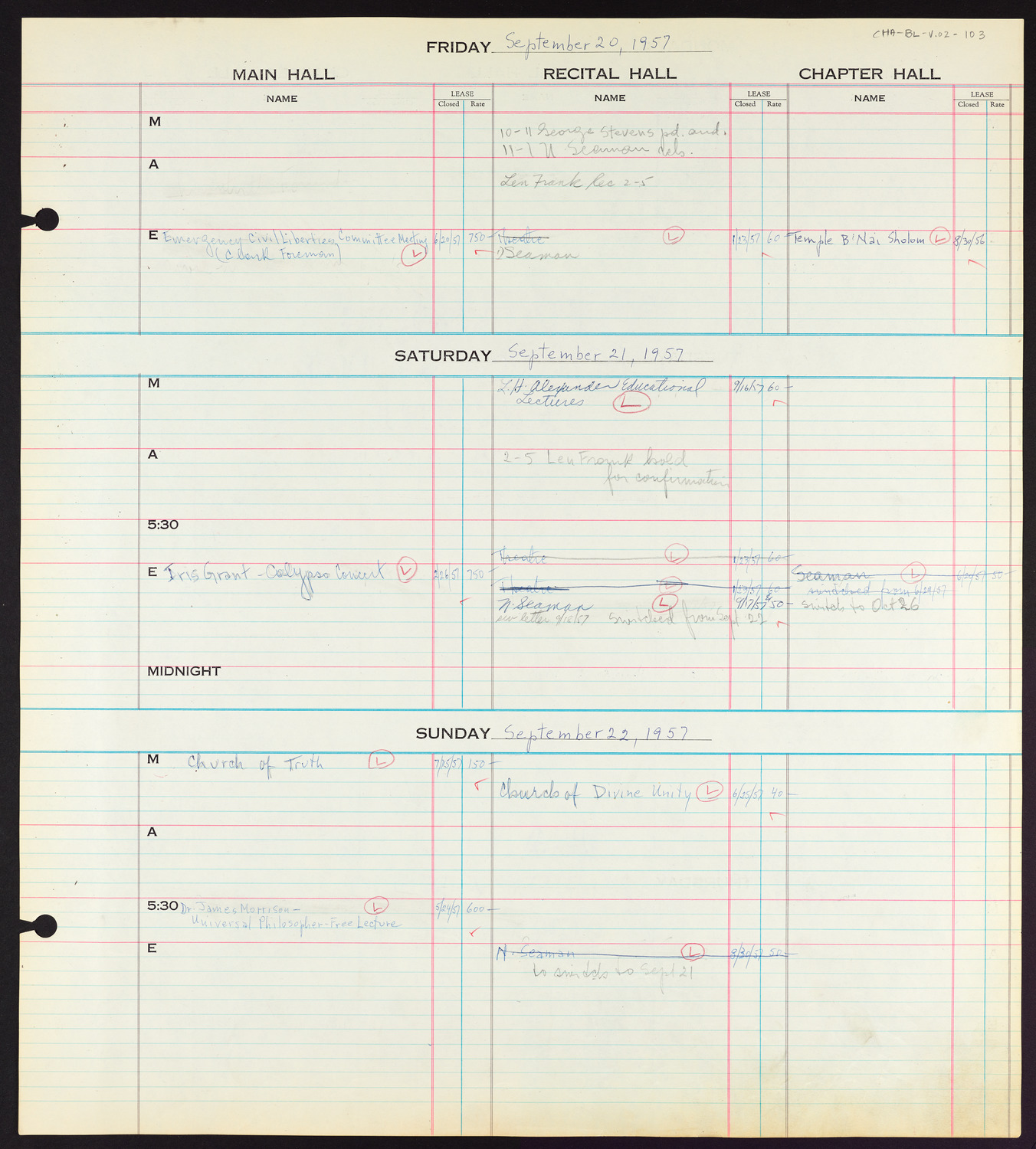 Carnegie Hall Booking Ledger, volume 2, page 103