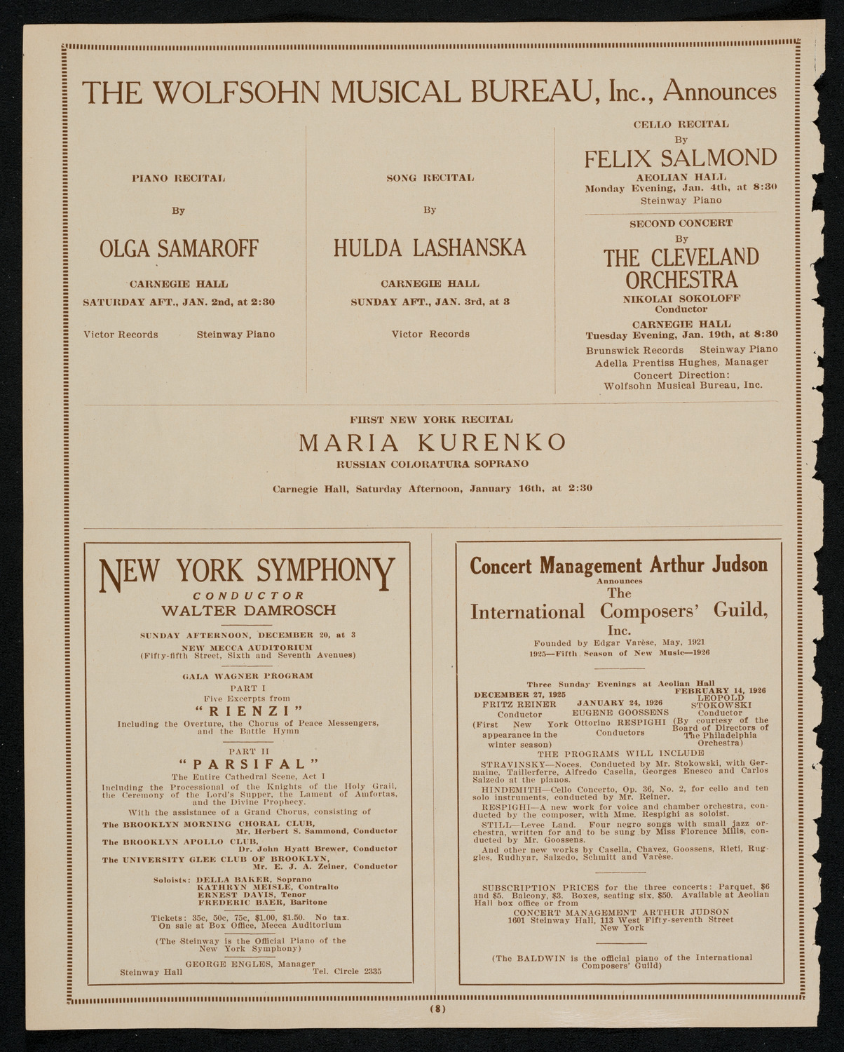 New York Symphony Orchestra, December 18, 1925, program page 8