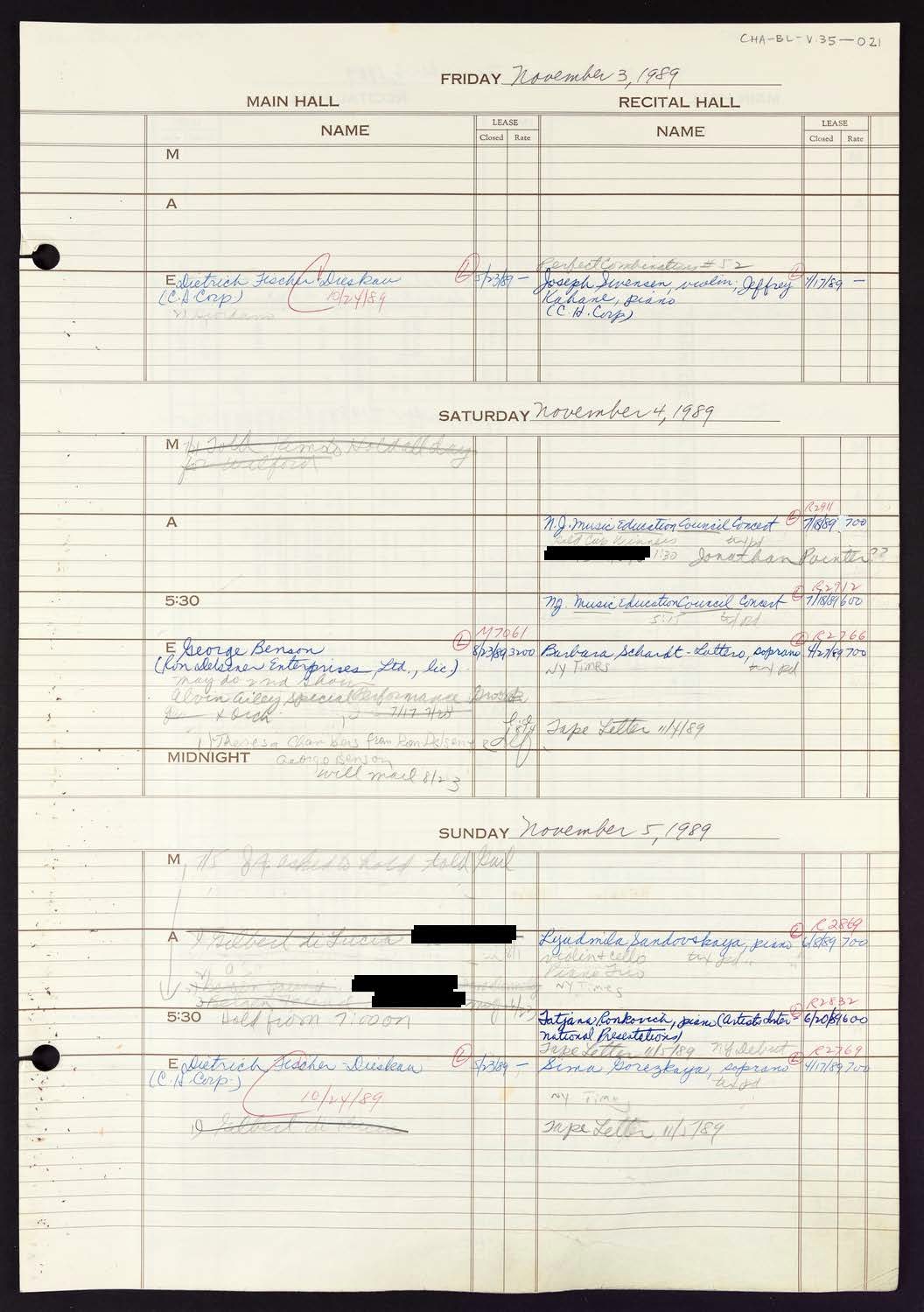 Carnegie Hall Booking Ledger, volume 35, page 21