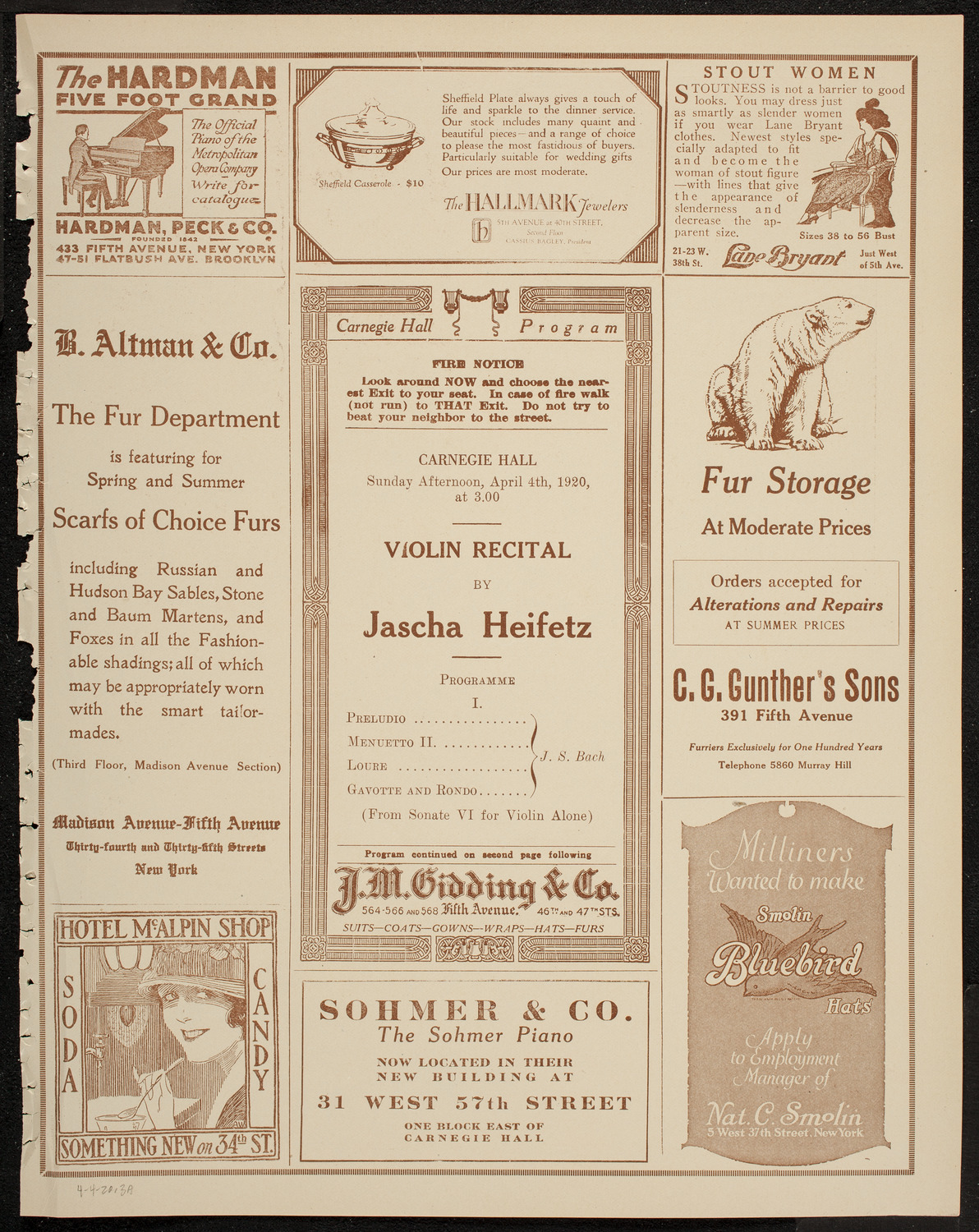 Jascha Heifetz, Violin, April 4, 1920, program page 5