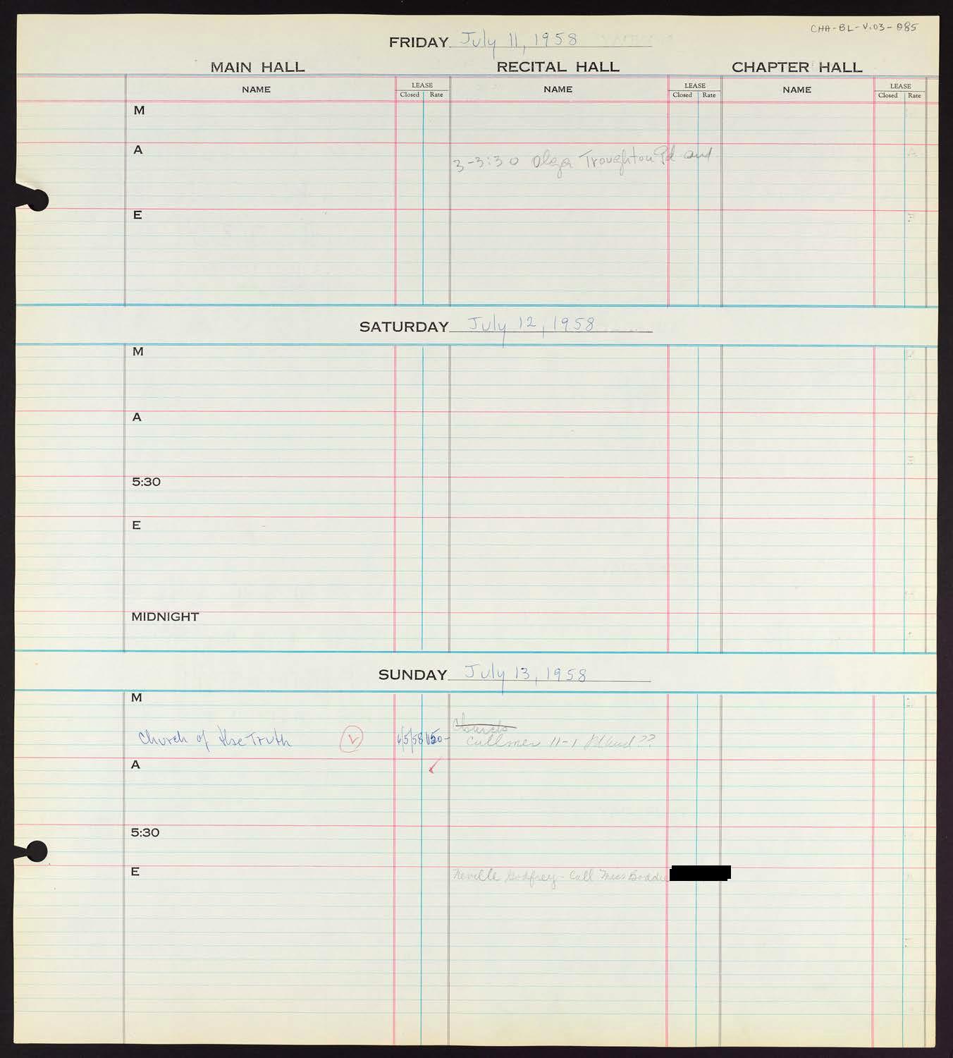 Carnegie Hall Booking Ledger, volume 3, page 85