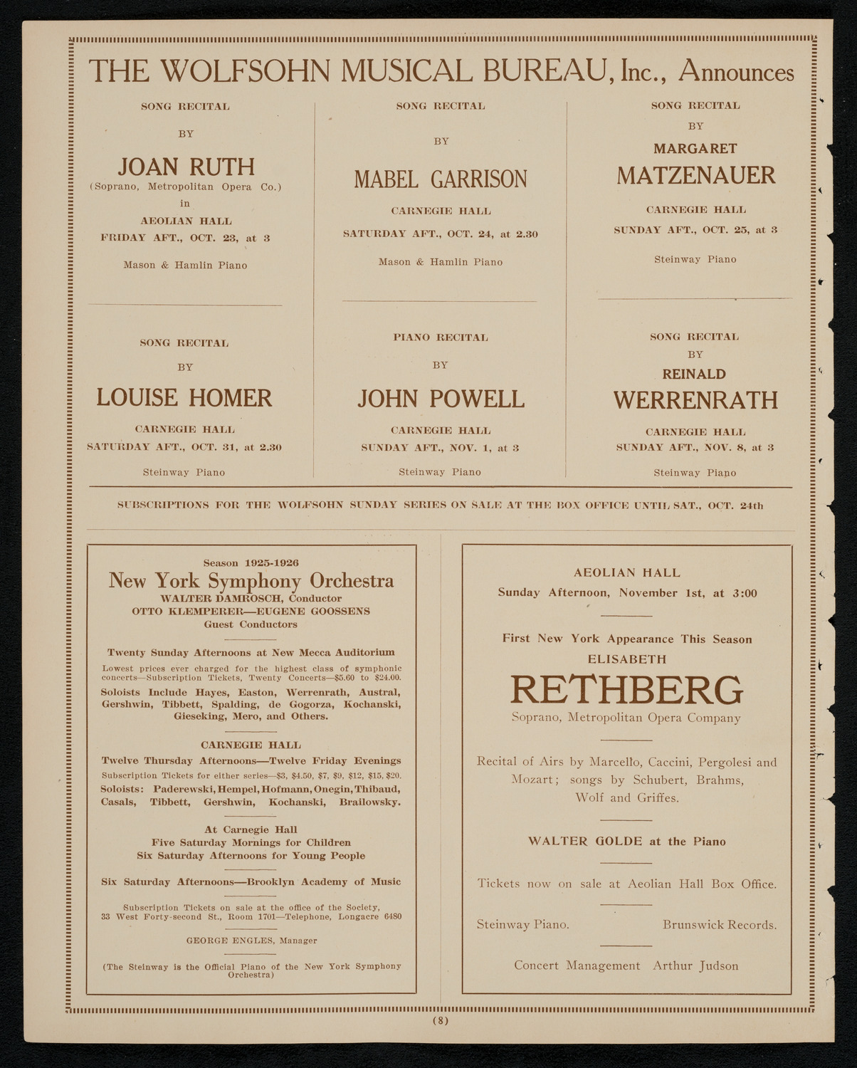 Florence Easton, Soprano, October 22, 1925, program page 8