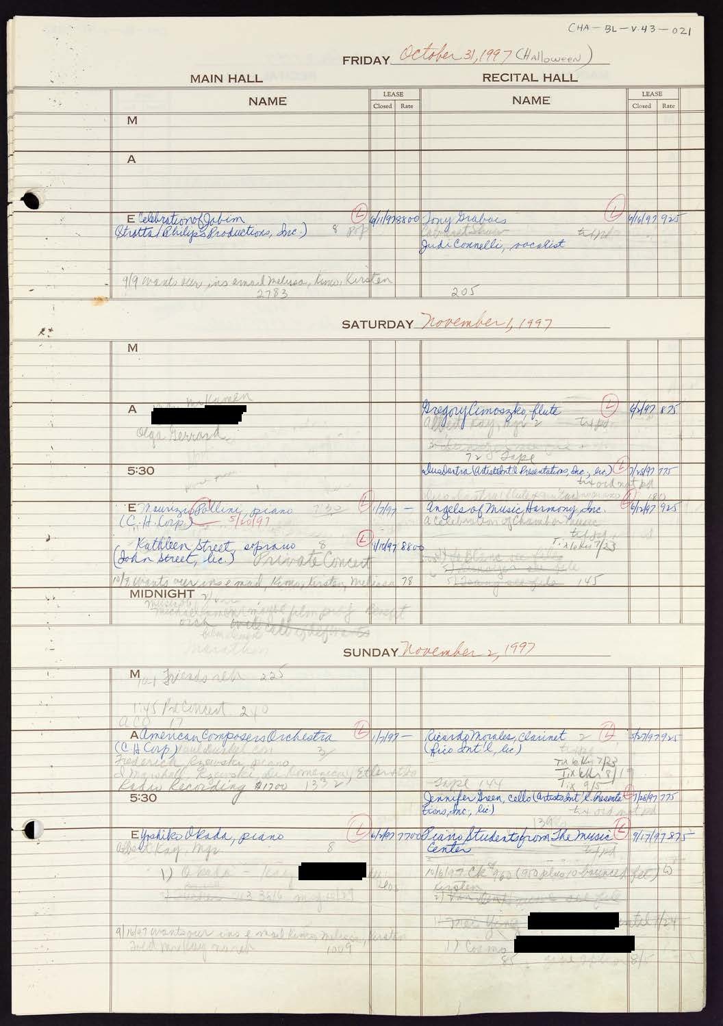 Carnegie Hall Booking Ledger, volume 43, page 21