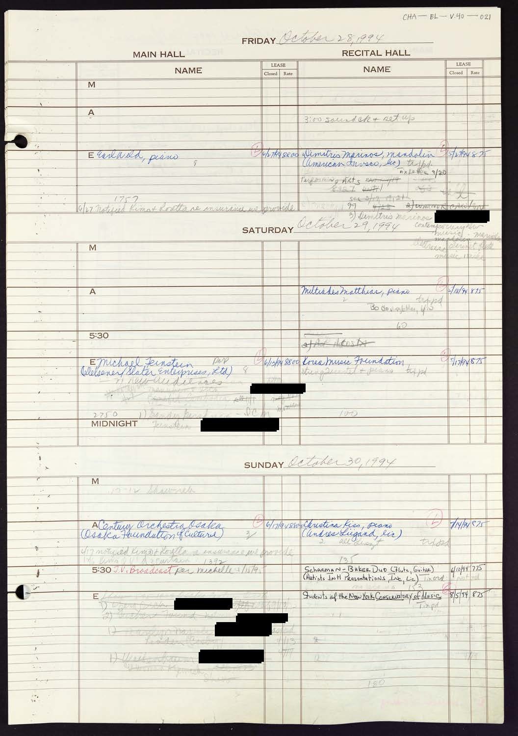 Carnegie Hall Booking Ledger, volume 40, page 21