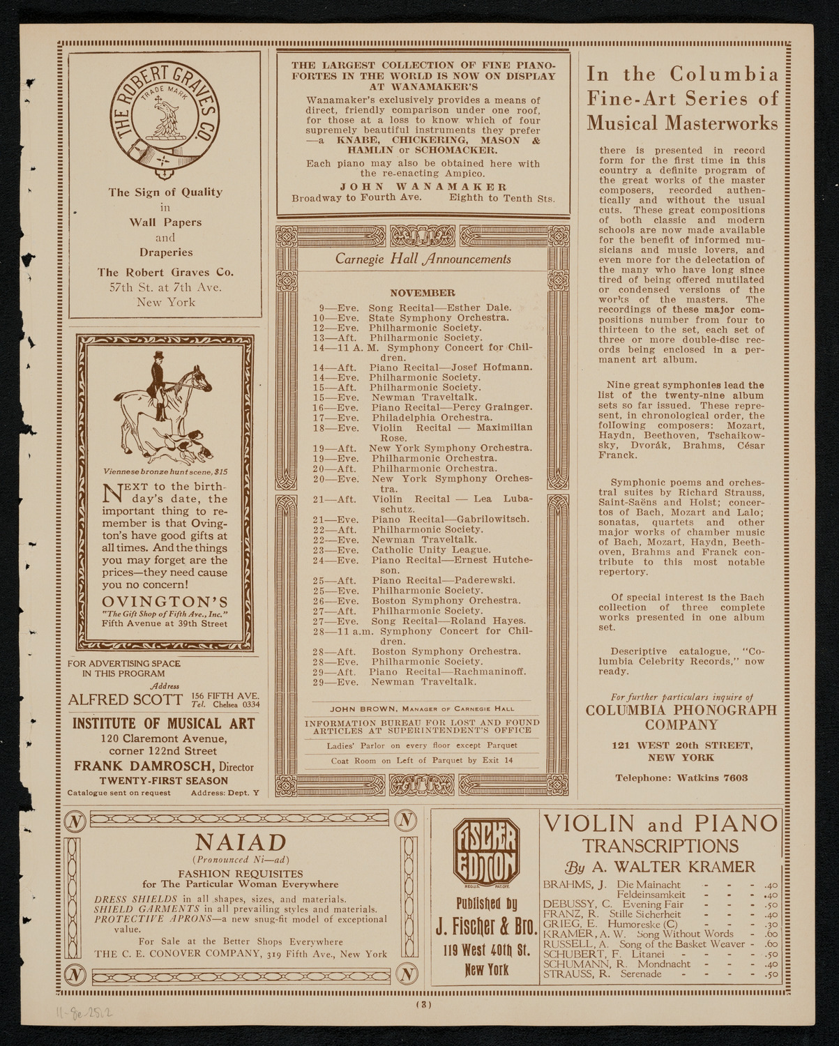 Mischa Elman, Violin, November 8, 1925, program page 3