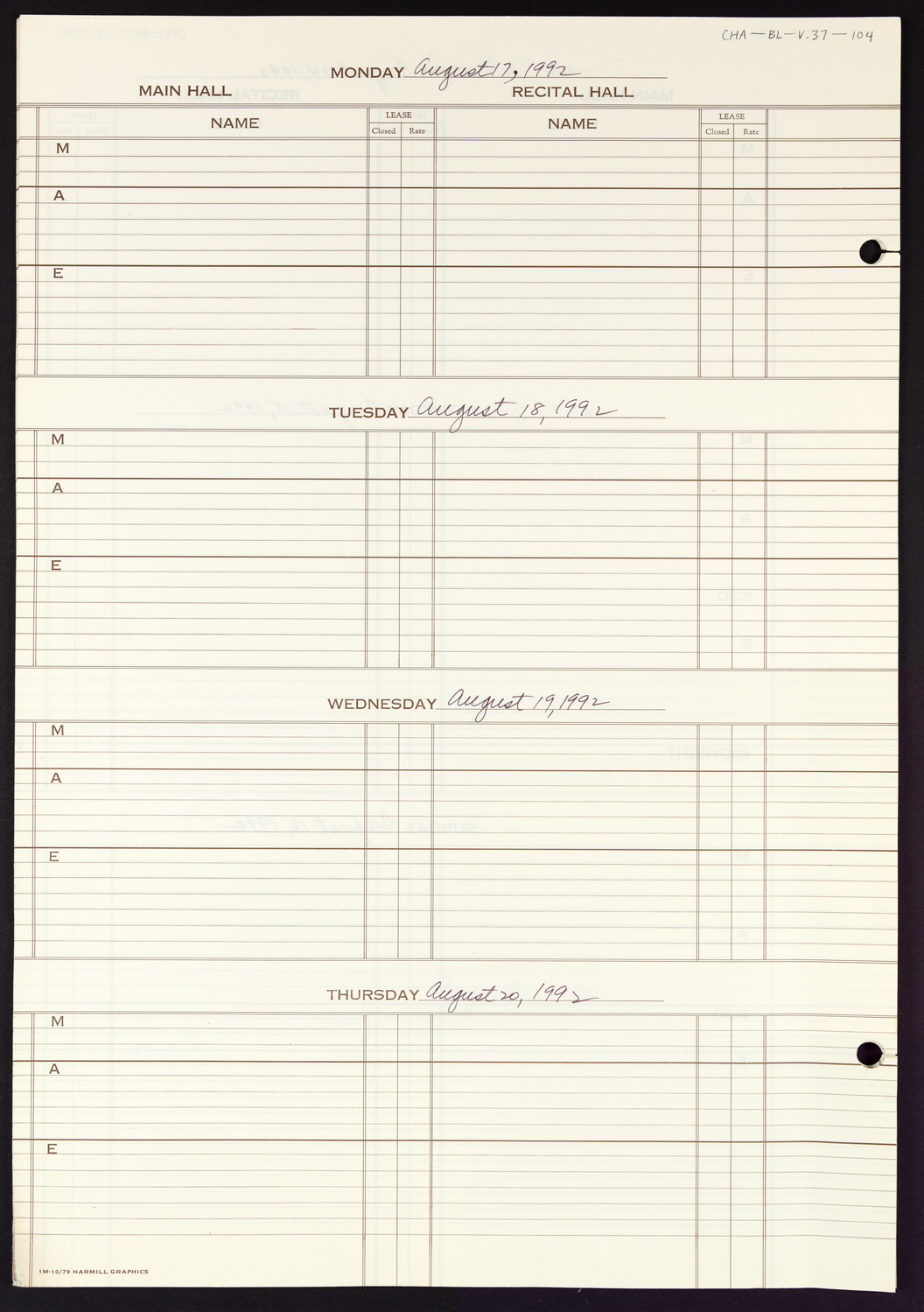 Carnegie Hall Booking Ledger, volume 37, page 104