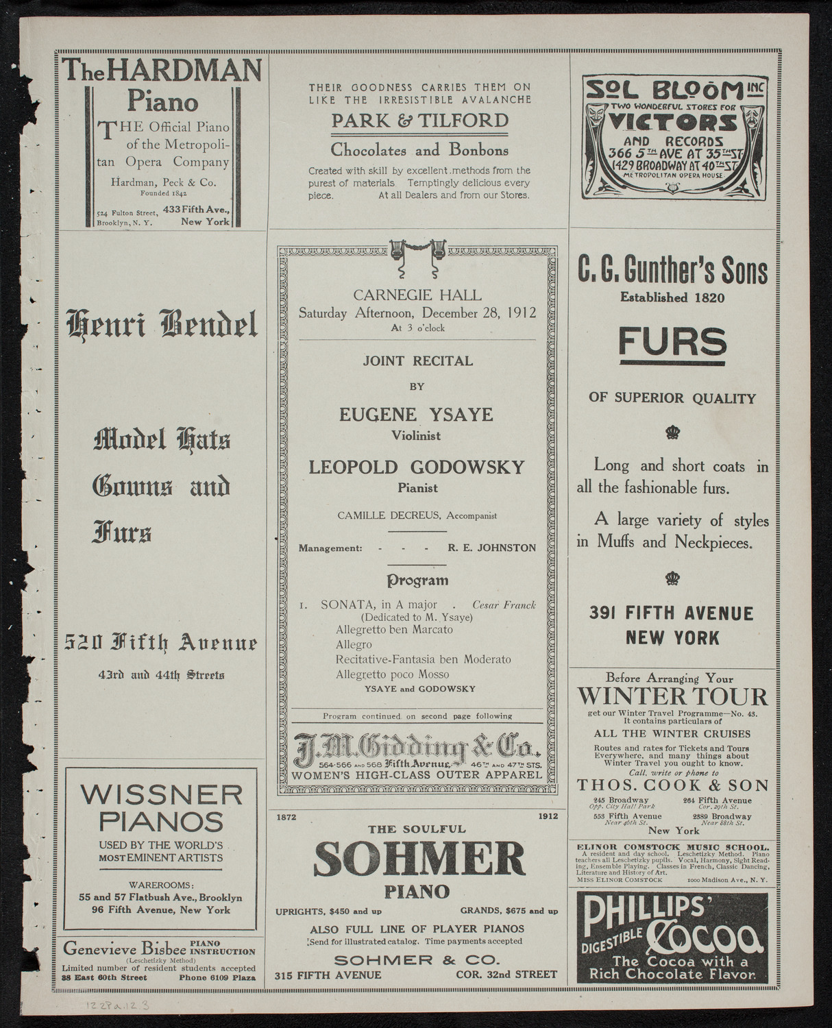 Eugène Ysaÿe, Violin, and Leopold Godowsky, Piano, December 28, 1912, program page 5