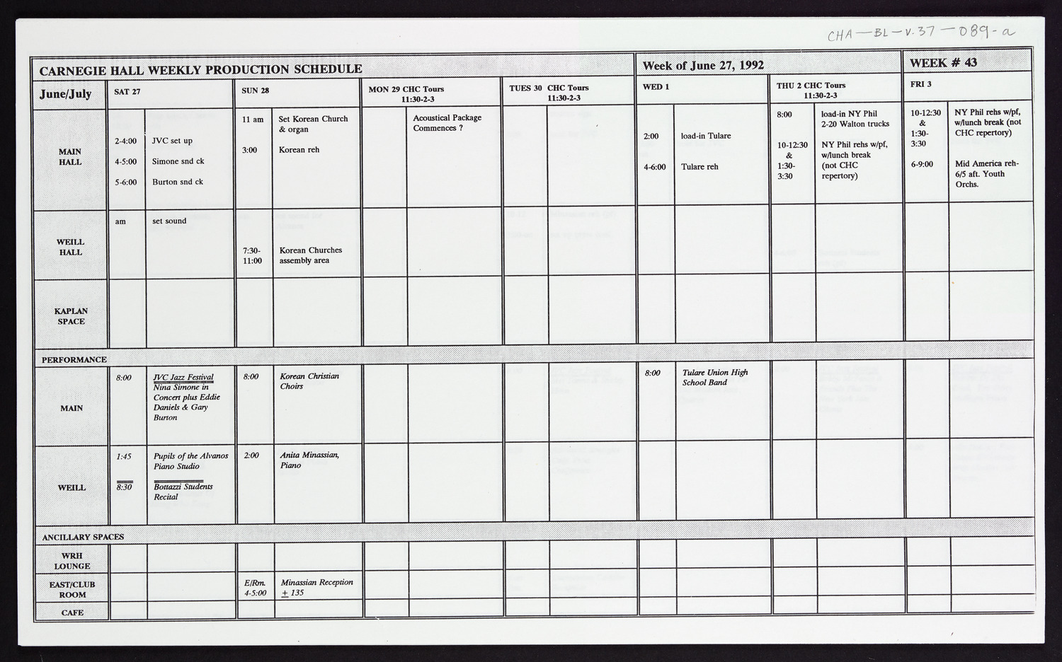 Carnegie Hall Booking Ledger, volume 37, page 89a