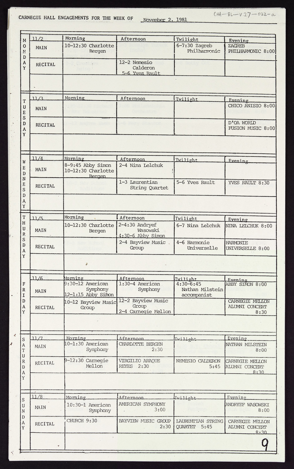 Carnegie Hall Booking Ledger, volume 27, page 22a