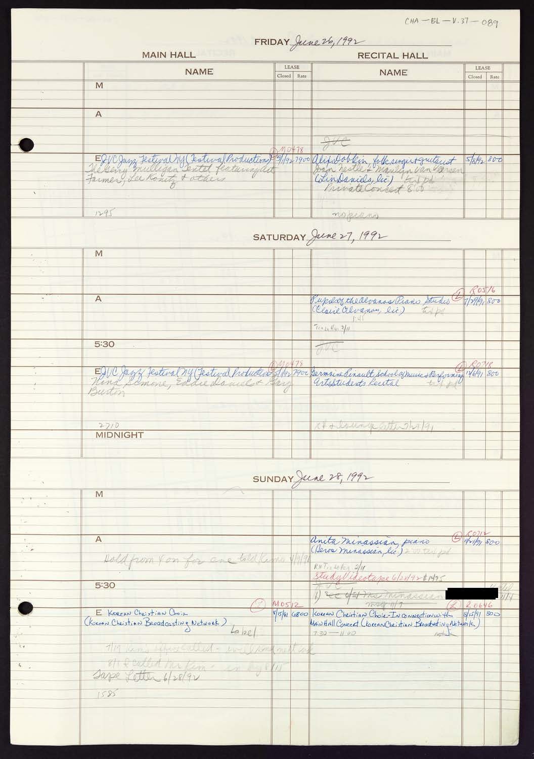 Carnegie Hall Booking Ledger, volume 37, page 89