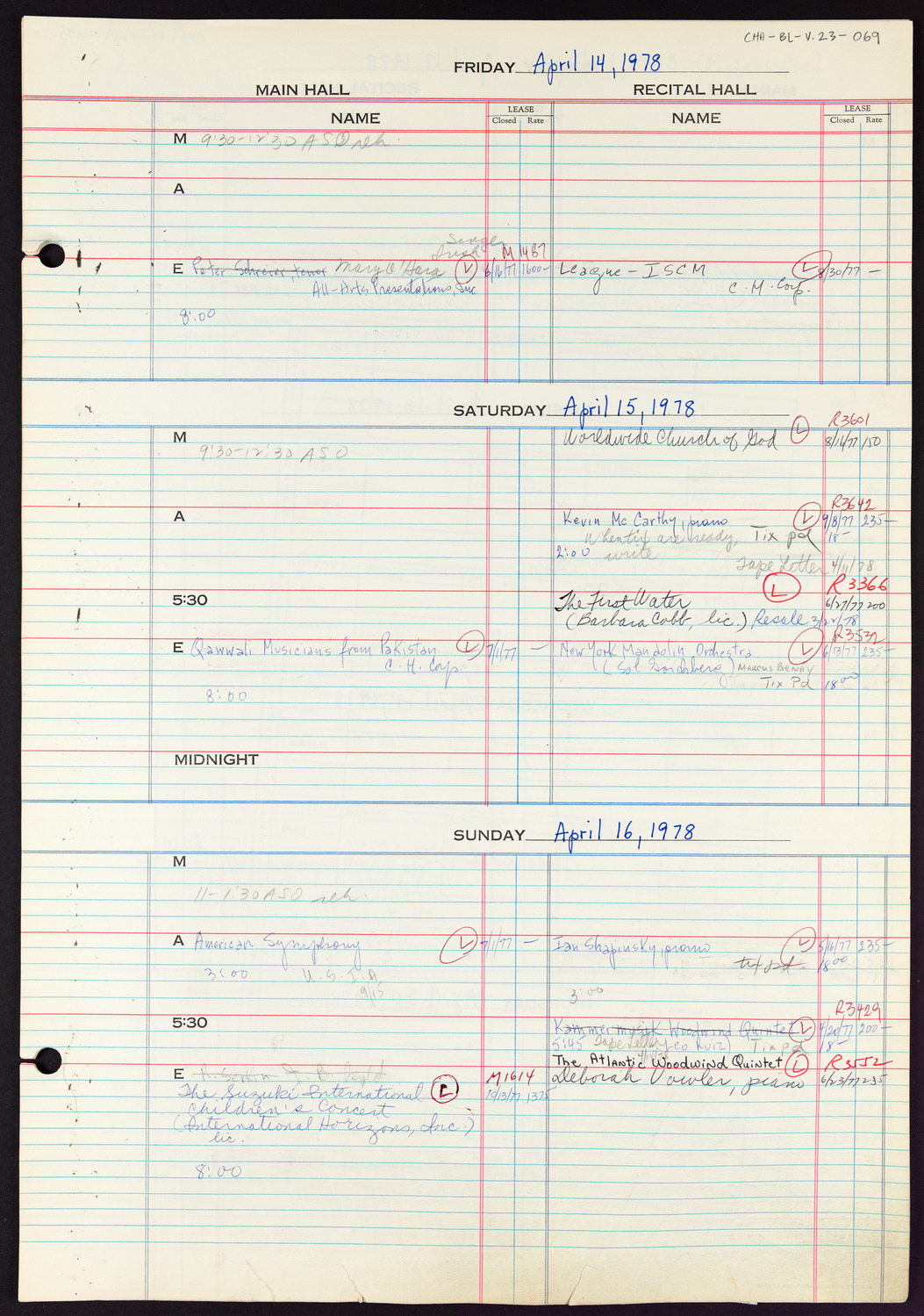 Carnegie Hall Booking Ledger, volume 23, page 69