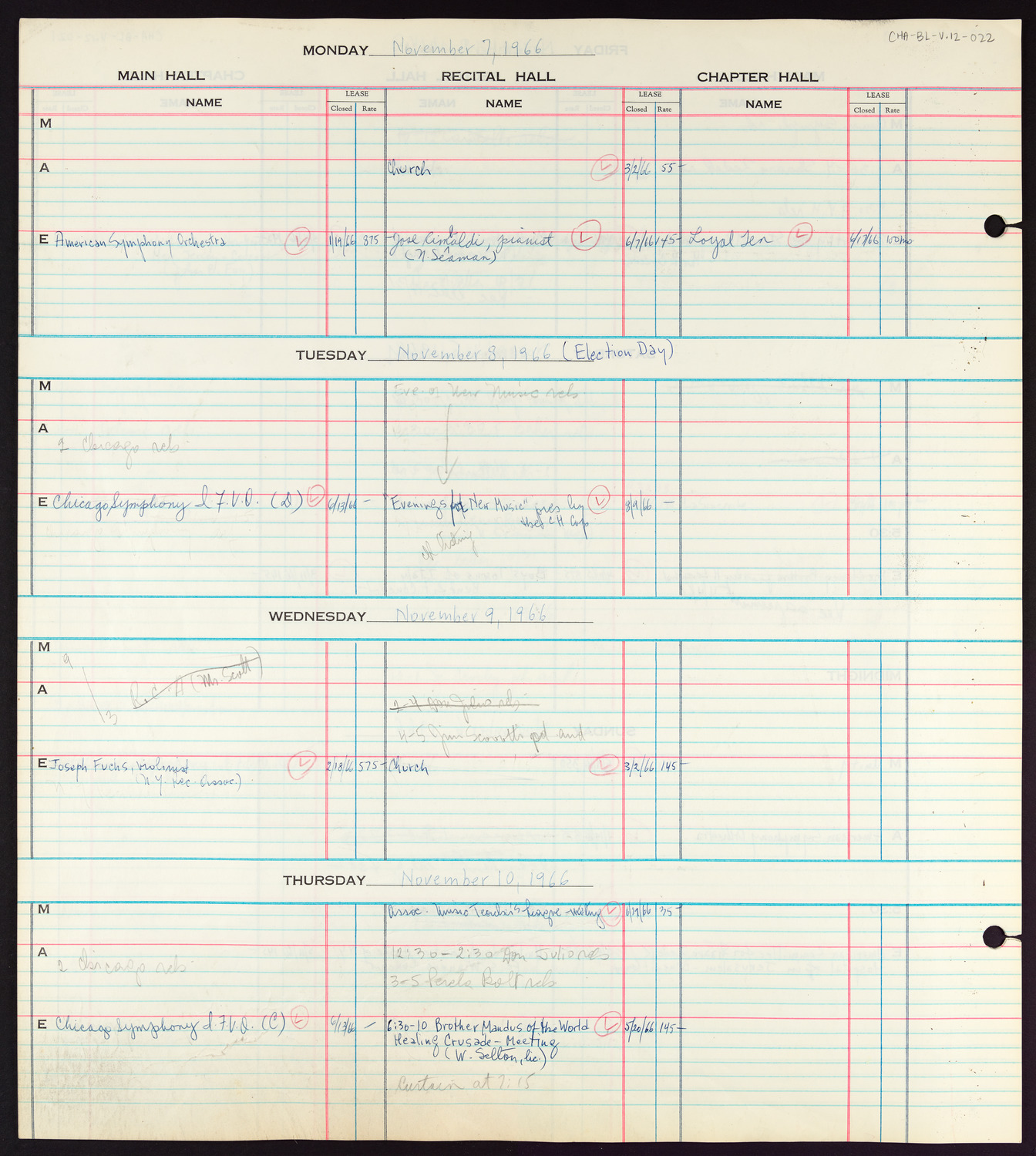 Carnegie Hall Booking Ledger, volume 12, page 22