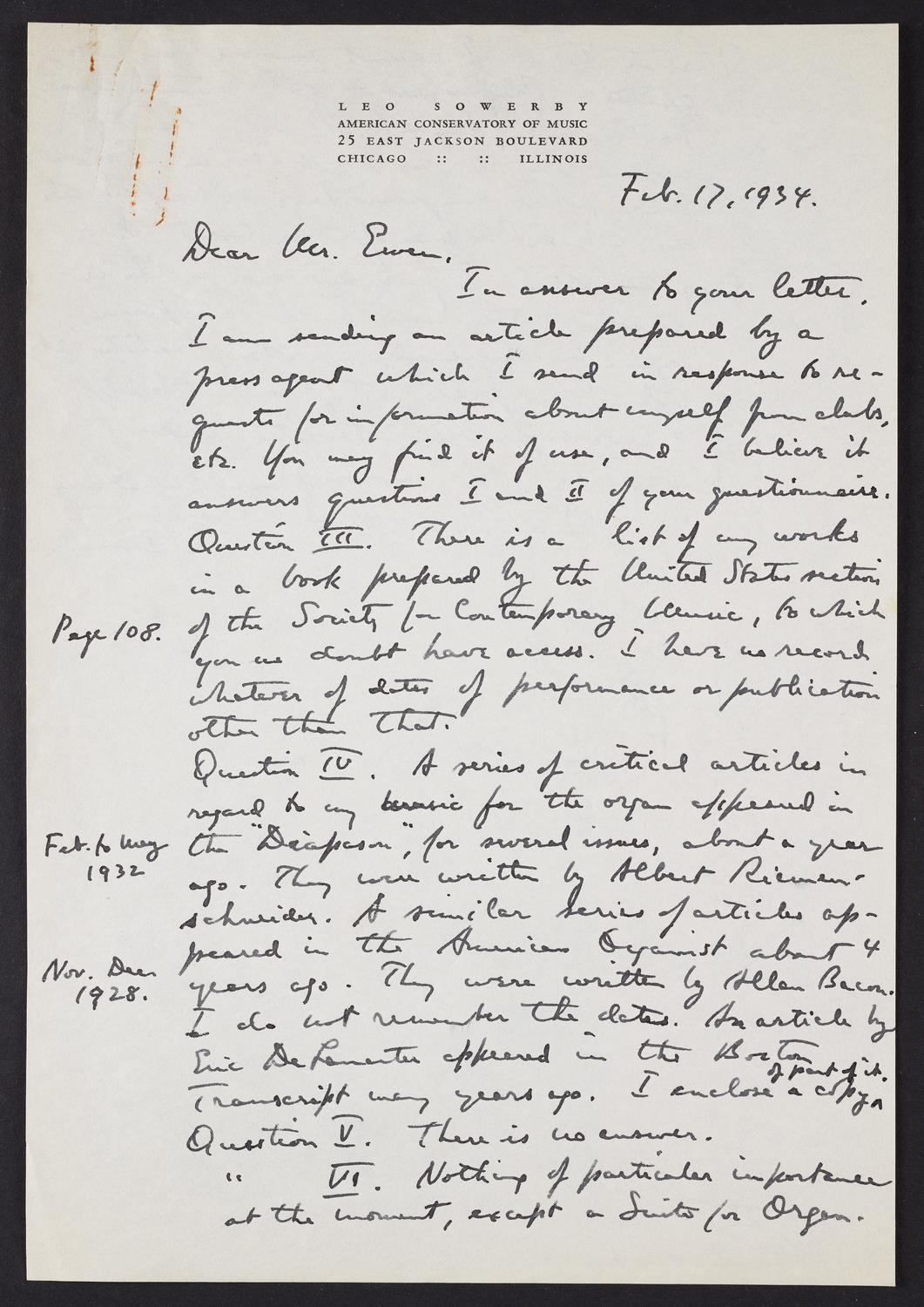Correspondence from Leo Sowerby to David Ewen, page 1 of 2