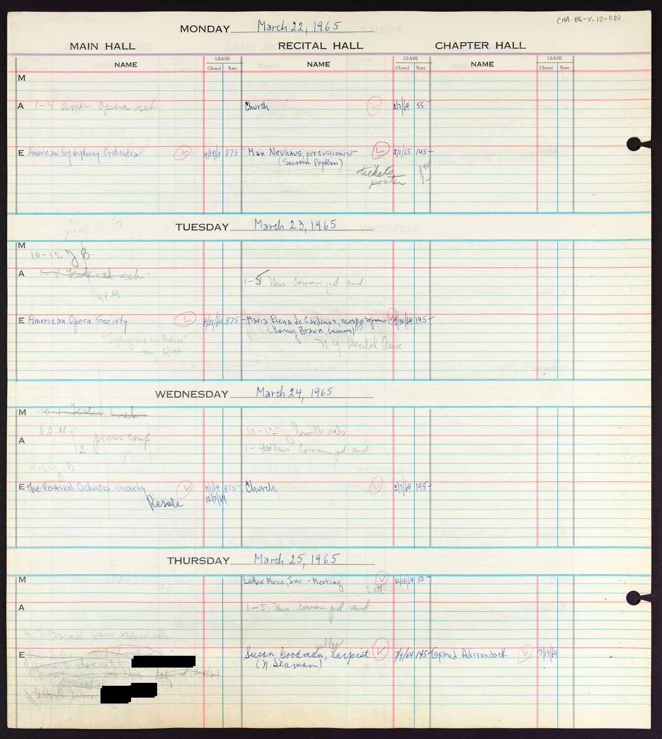 Carnegie Hall Booking Ledger, volume 10, page 60