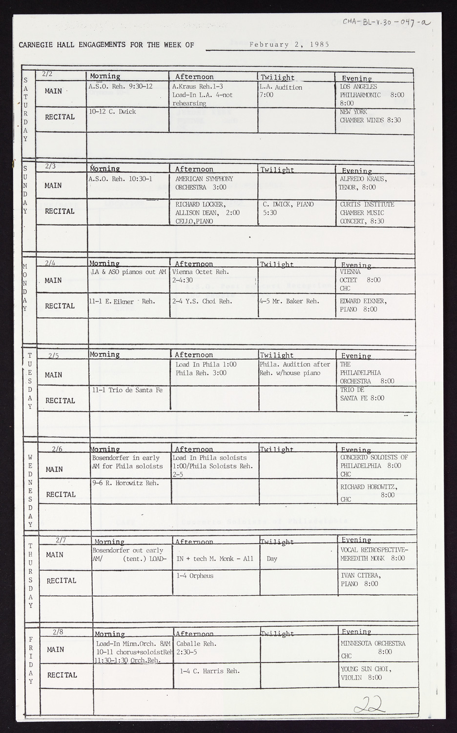 Carnegie Hall Booking Ledger, volume 30, page 47a