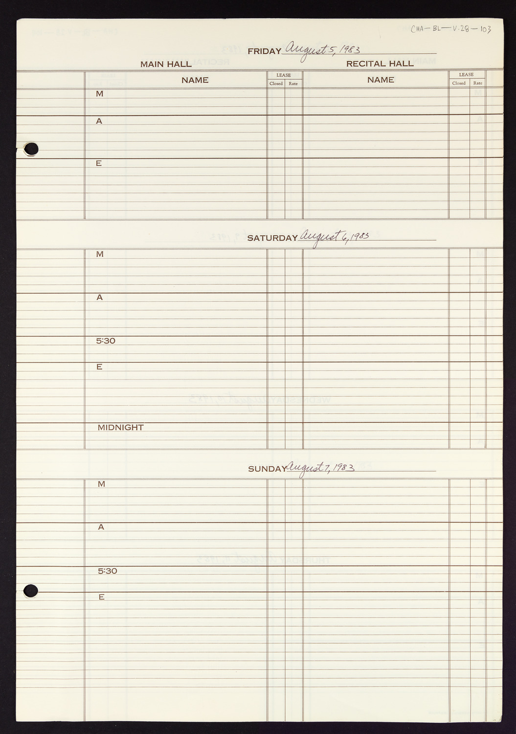 Carnegie Hall Booking Ledger, volume 28, page 103