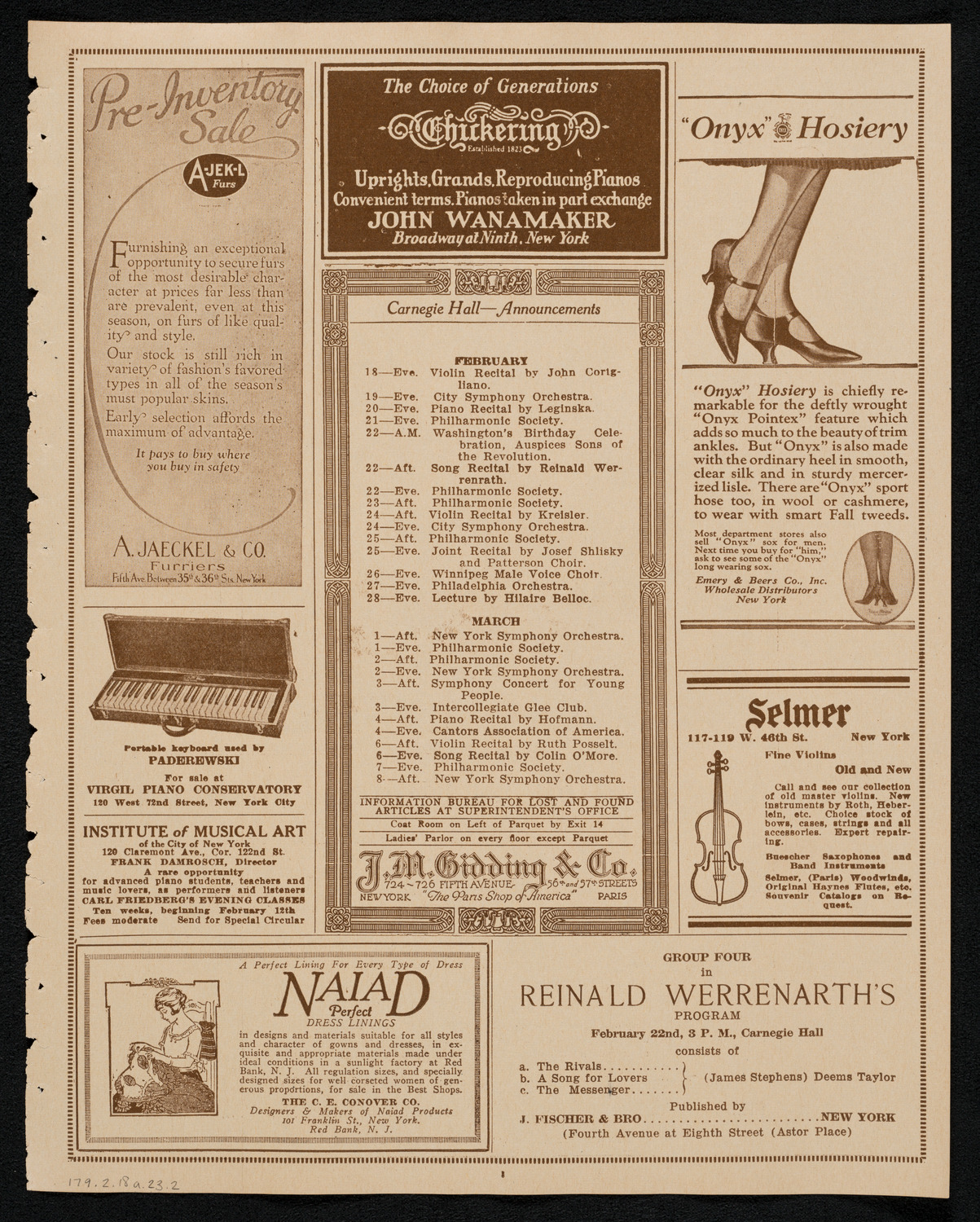 New York Philharmonic, February 18, 1923, program page 3
