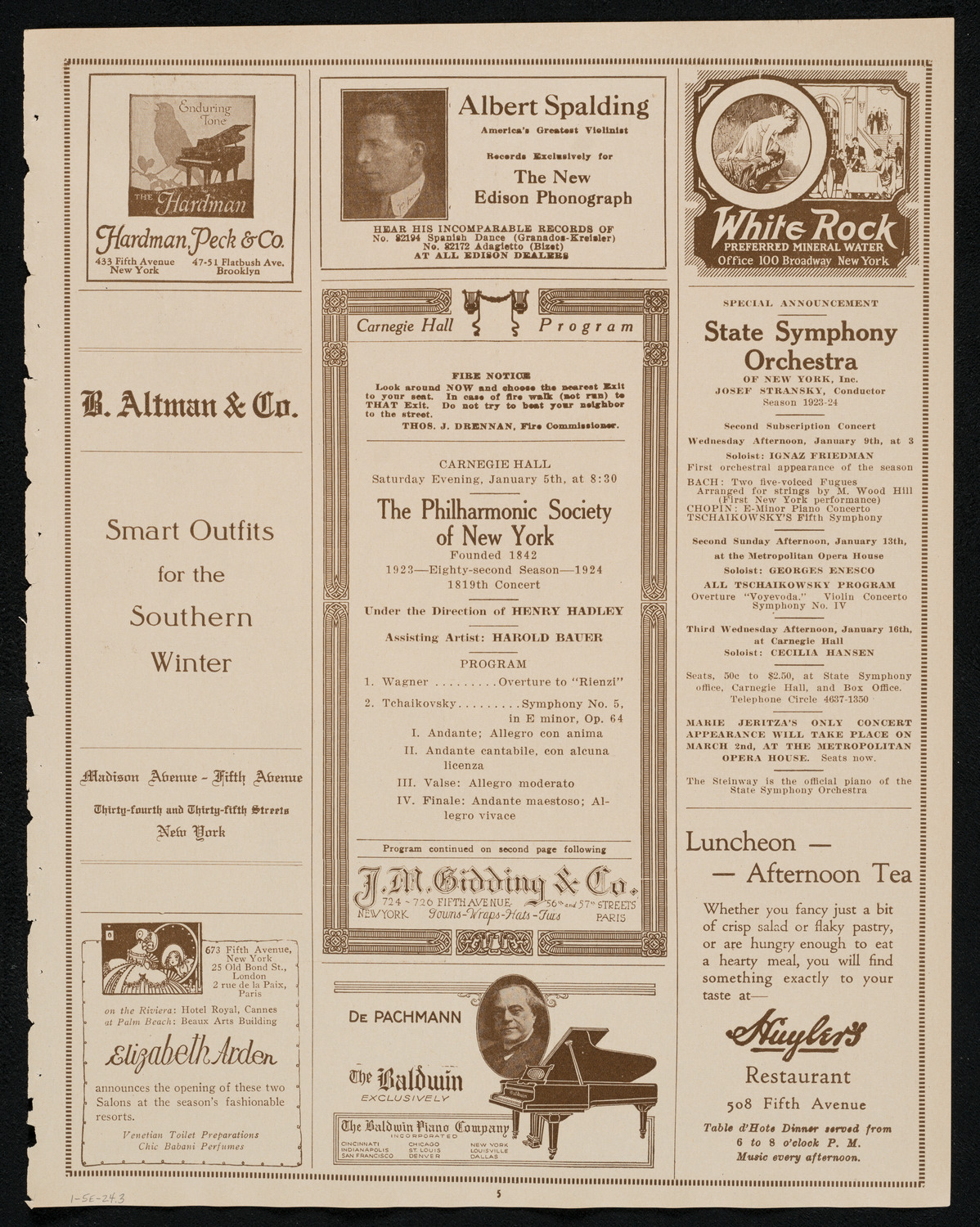 New York Philharmonic, January 5, 1924, program page 5