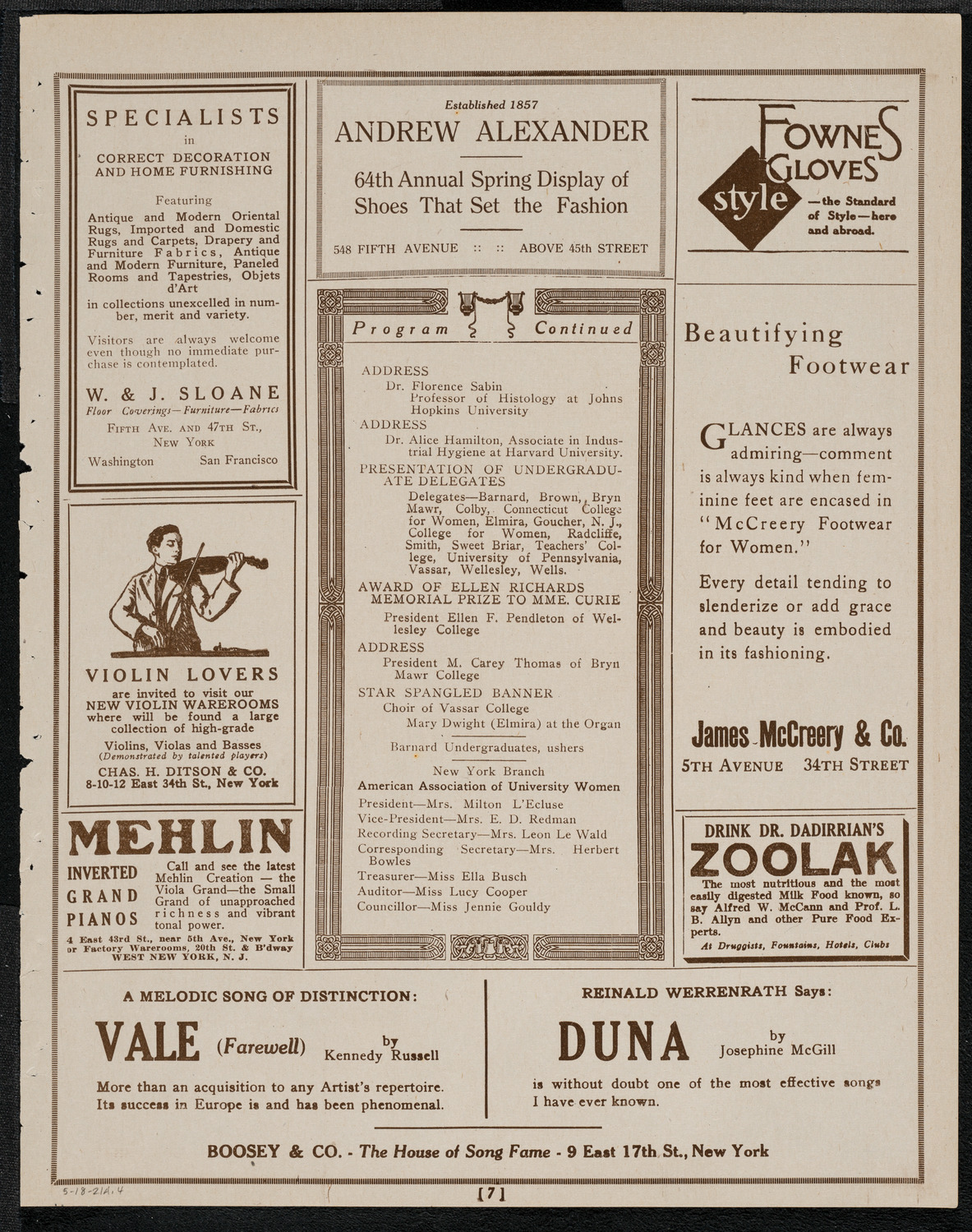 Celebration by American University Women to Honor and Welcome Marie Curie, May 18, 1921, program page 7