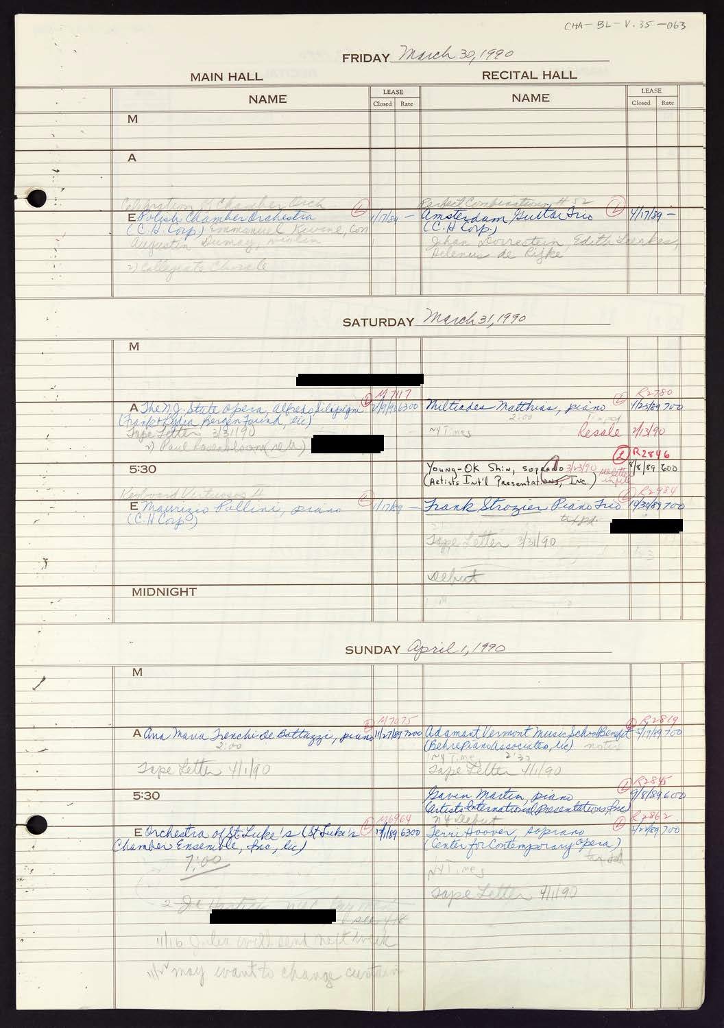 Carnegie Hall Booking Ledger, volume 35, page 63