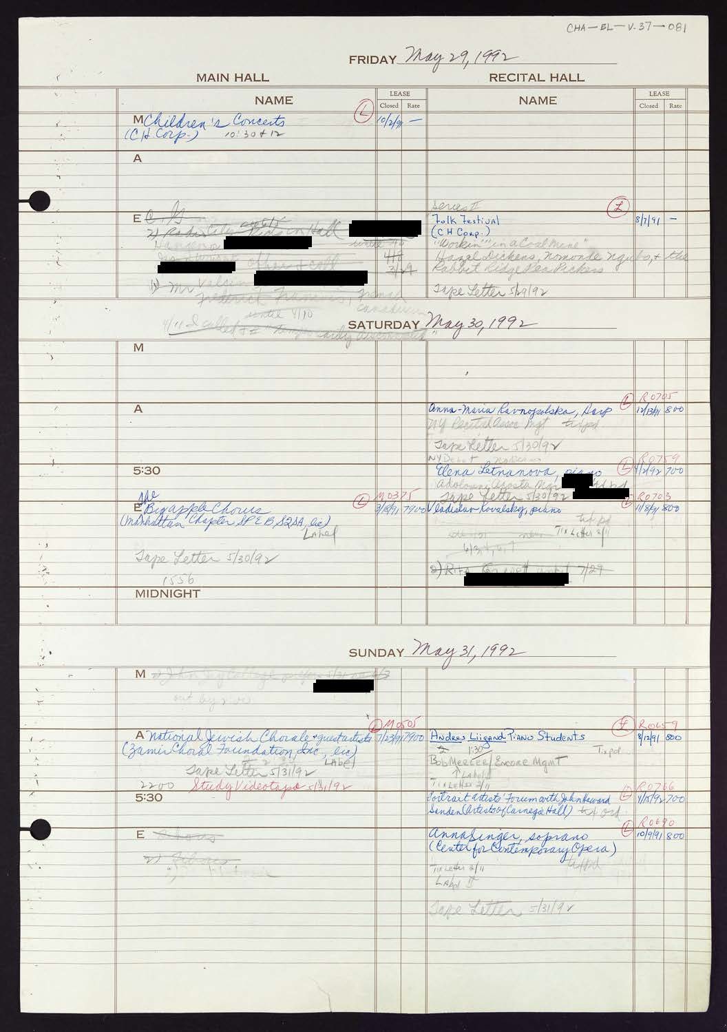 Carnegie Hall Booking Ledger, volume 37, page 81