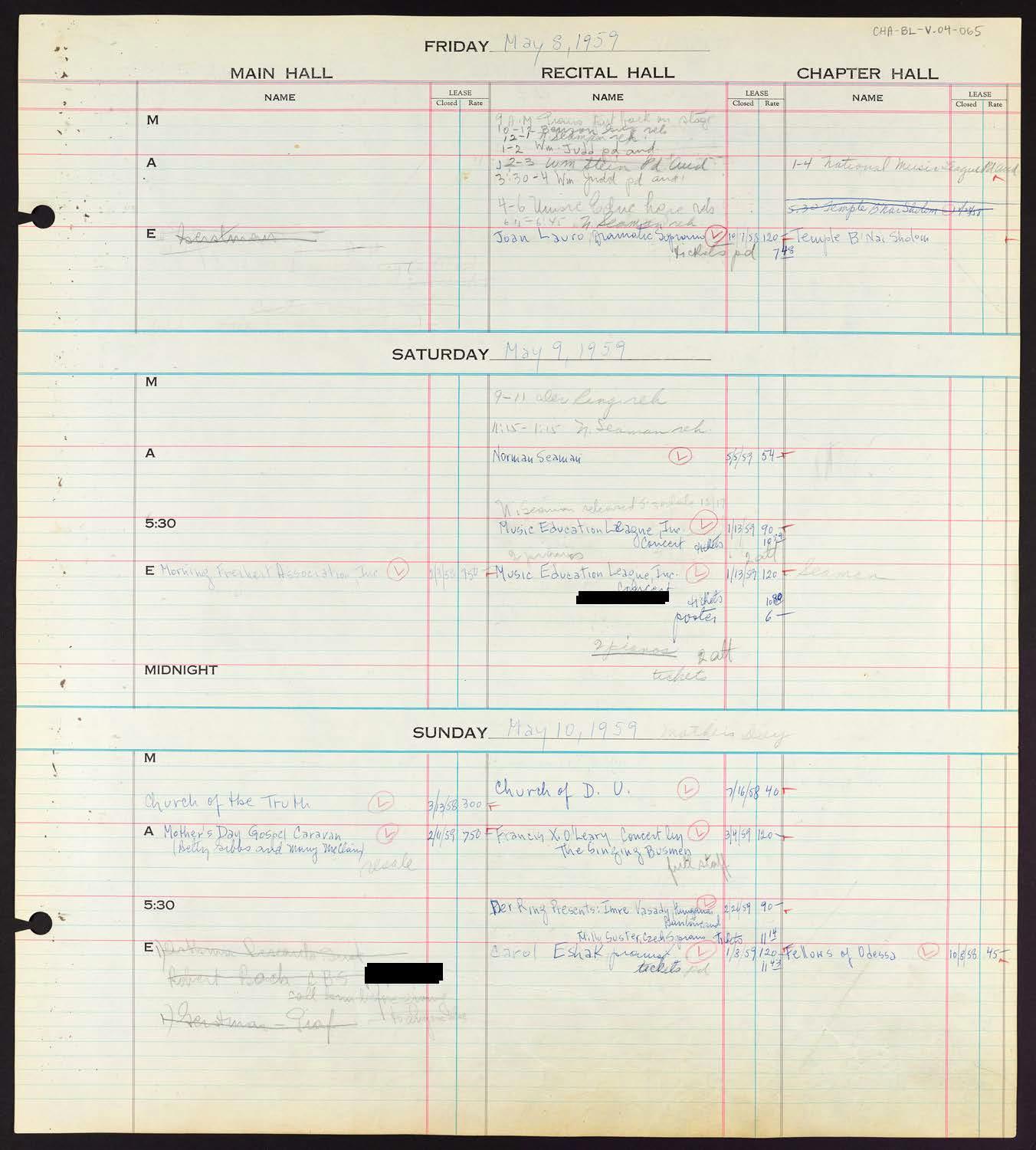 Carnegie Hall Booking Ledger, volume 4, page 65