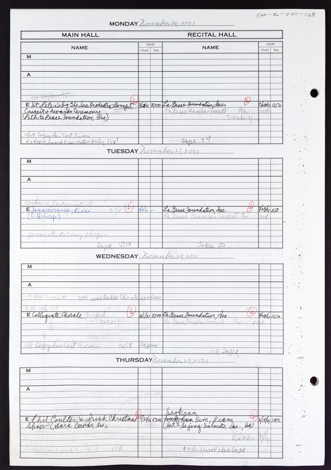 Carnegie Hall Booking Ledger, volume 47, page 28