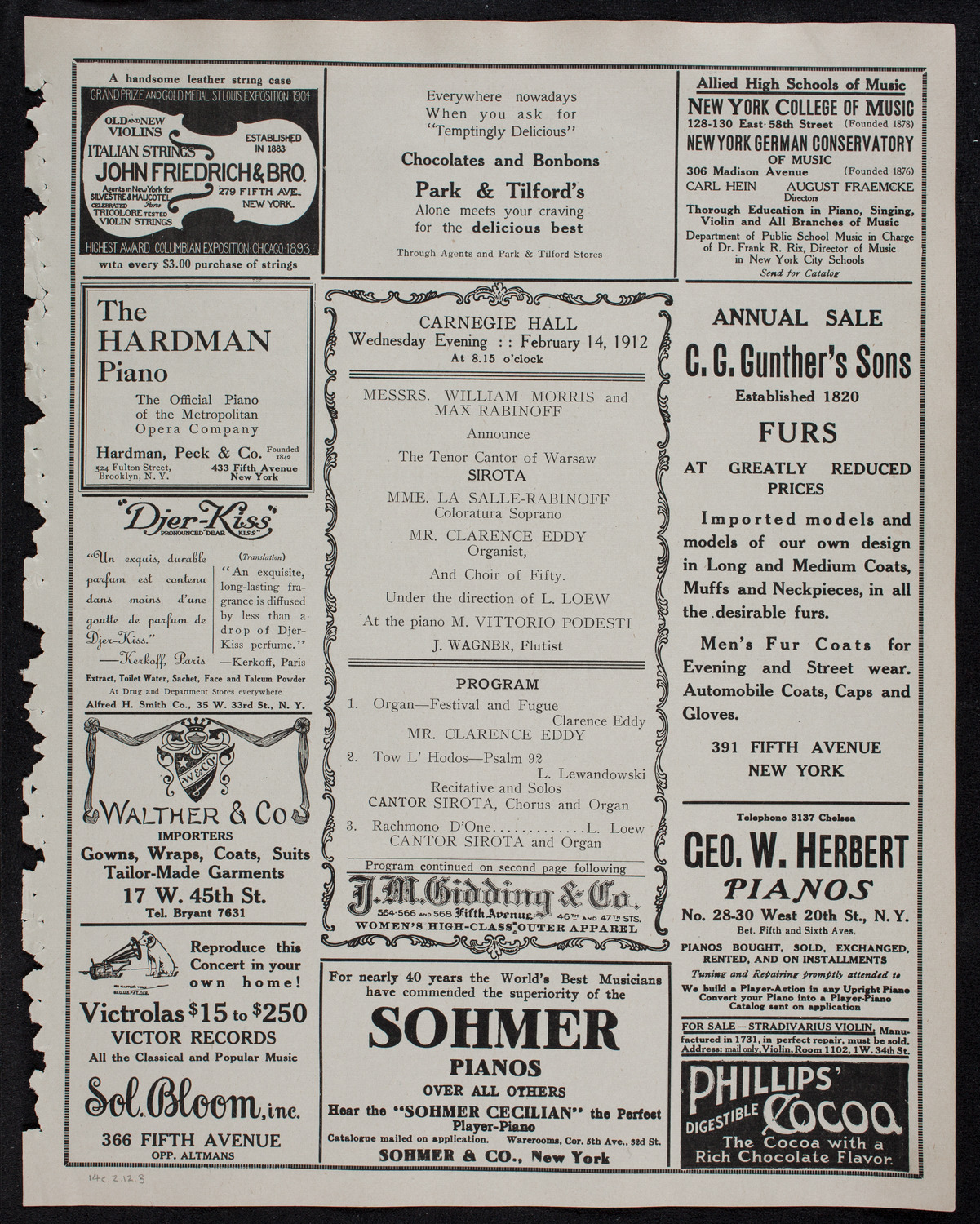 Cantor Sirota with Choir of Fifty, February 14, 1912, program page 5