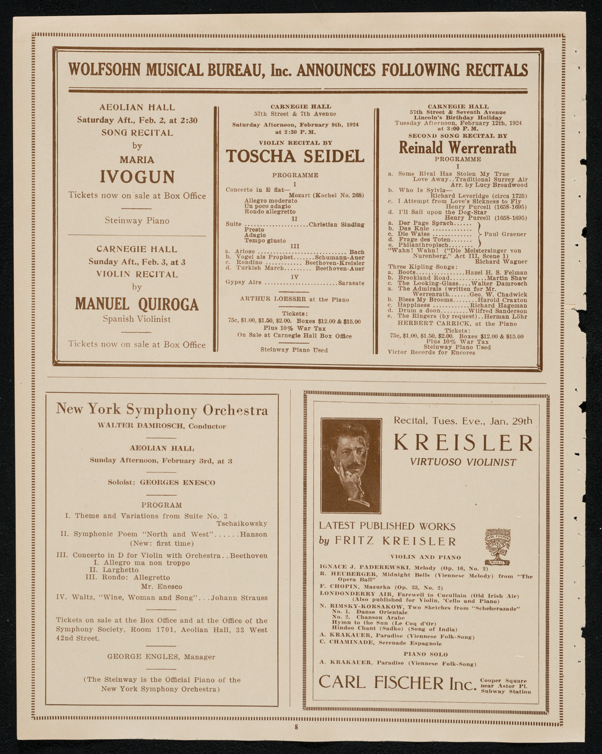 Fritz Kreisler, Violin, and Lionel Tertis, Viola, January 29, 1924, program page 8