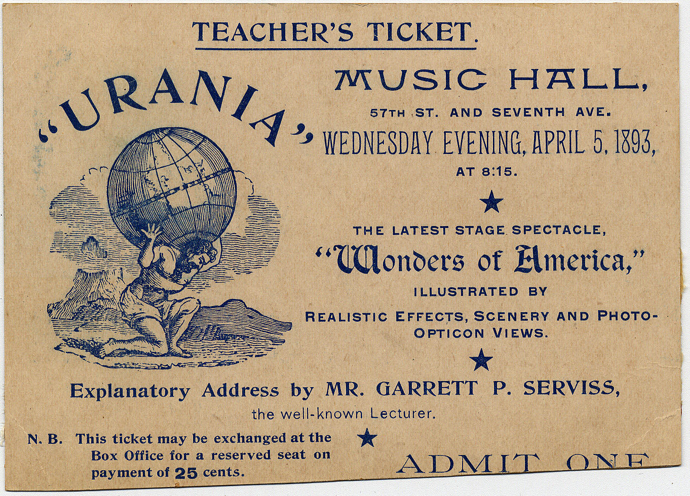 Urania Scientific Theatre ticket, April 5, 1893