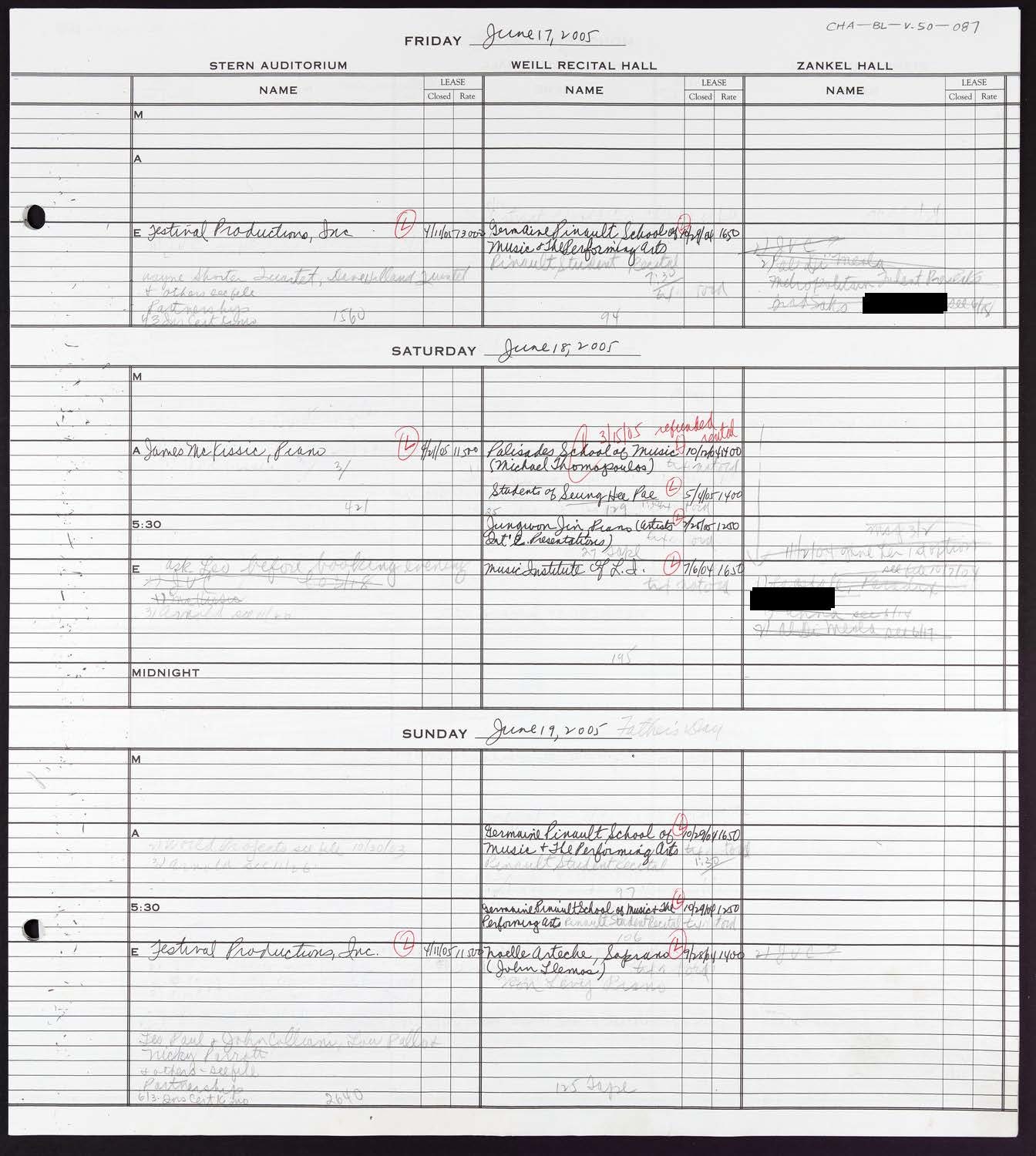 Carnegie Hall Booking Ledger, volume 50, page 87