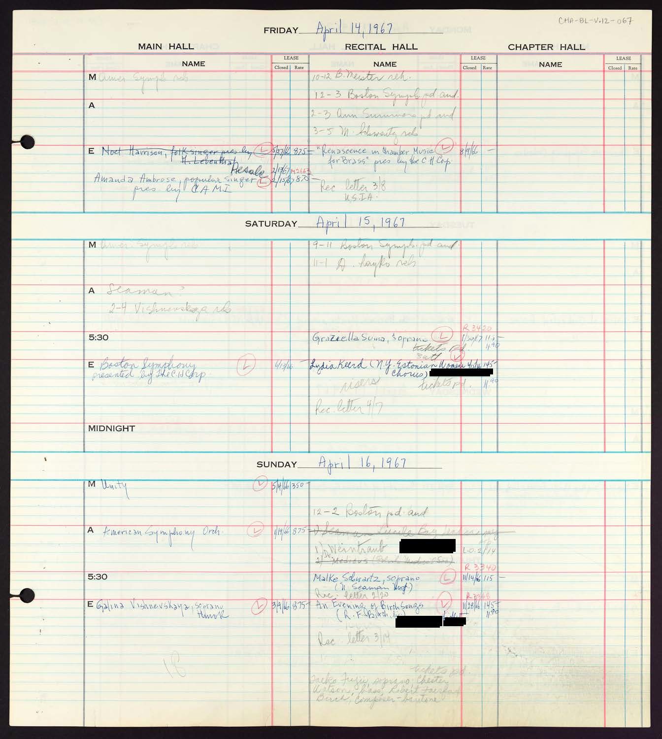 Carnegie Hall Booking Ledger, volume 12, page 67