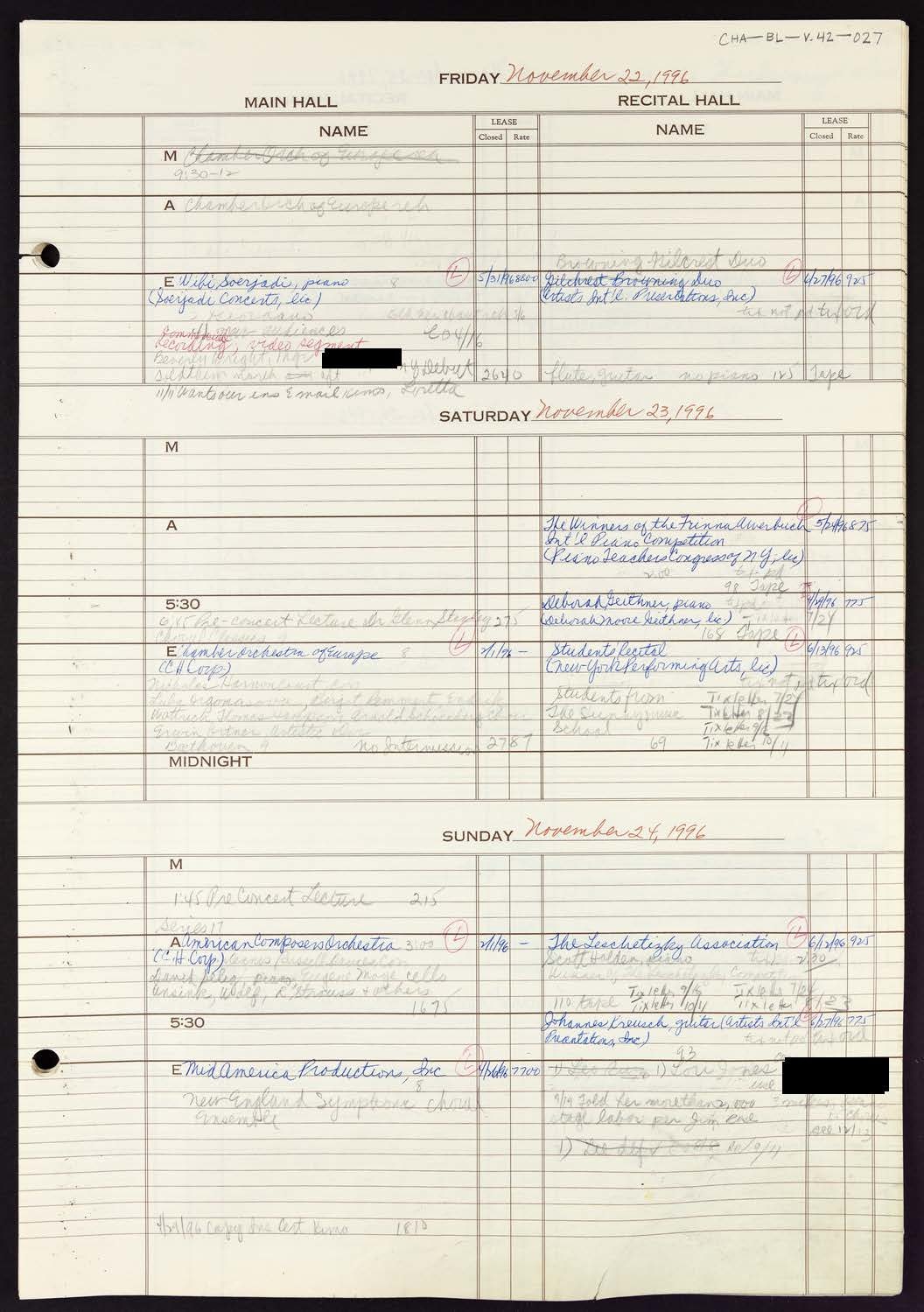 Carnegie Hall Booking Ledger, volume 42, page 27