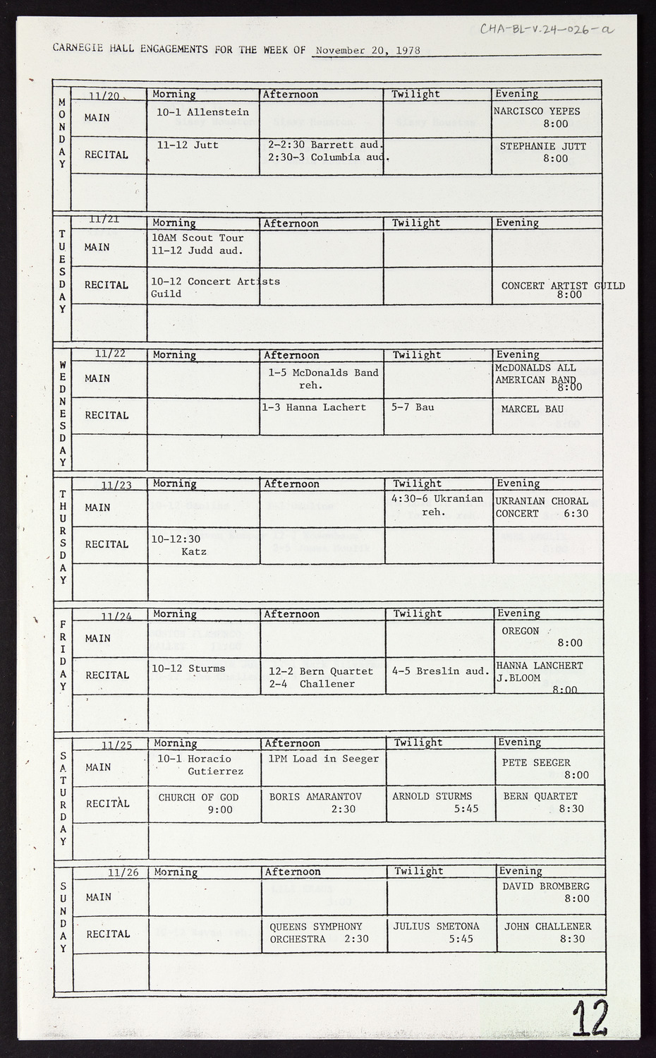 Carnegie Hall Booking Ledger, volume 24, page 26a