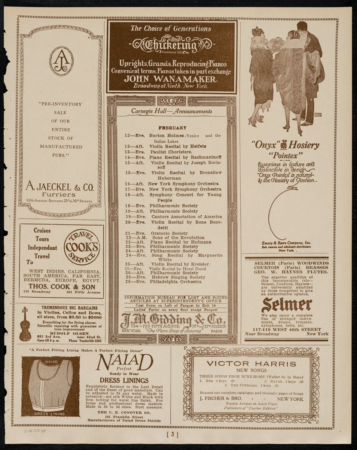 New York Philharmonic, February 12, 1922, program page 3