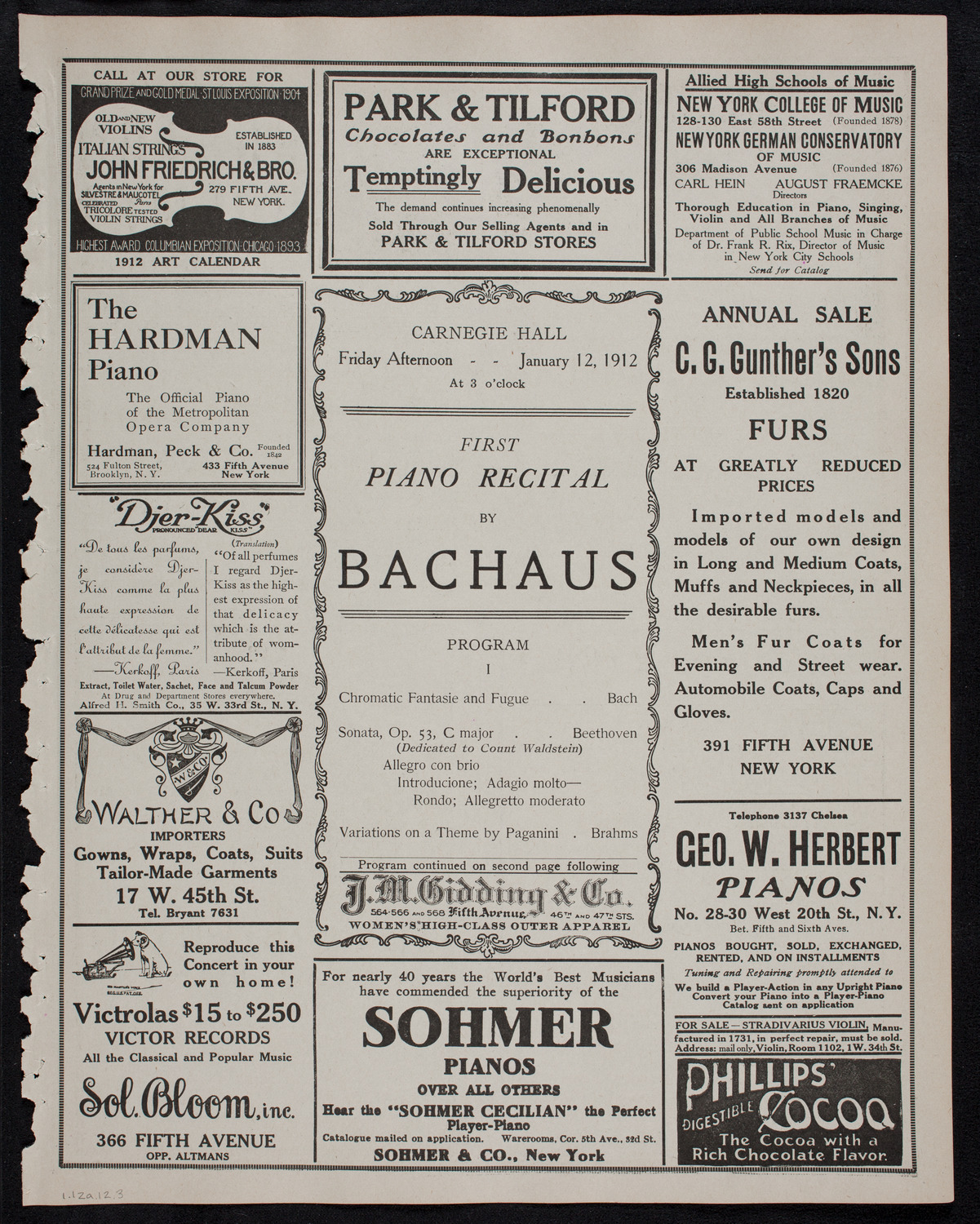 Wilhelm Backhaus, Piano, January 12, 1912, program page 5