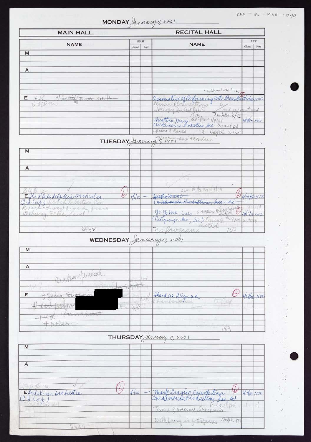 Carnegie Hall Booking Ledger, volume 46, page 40