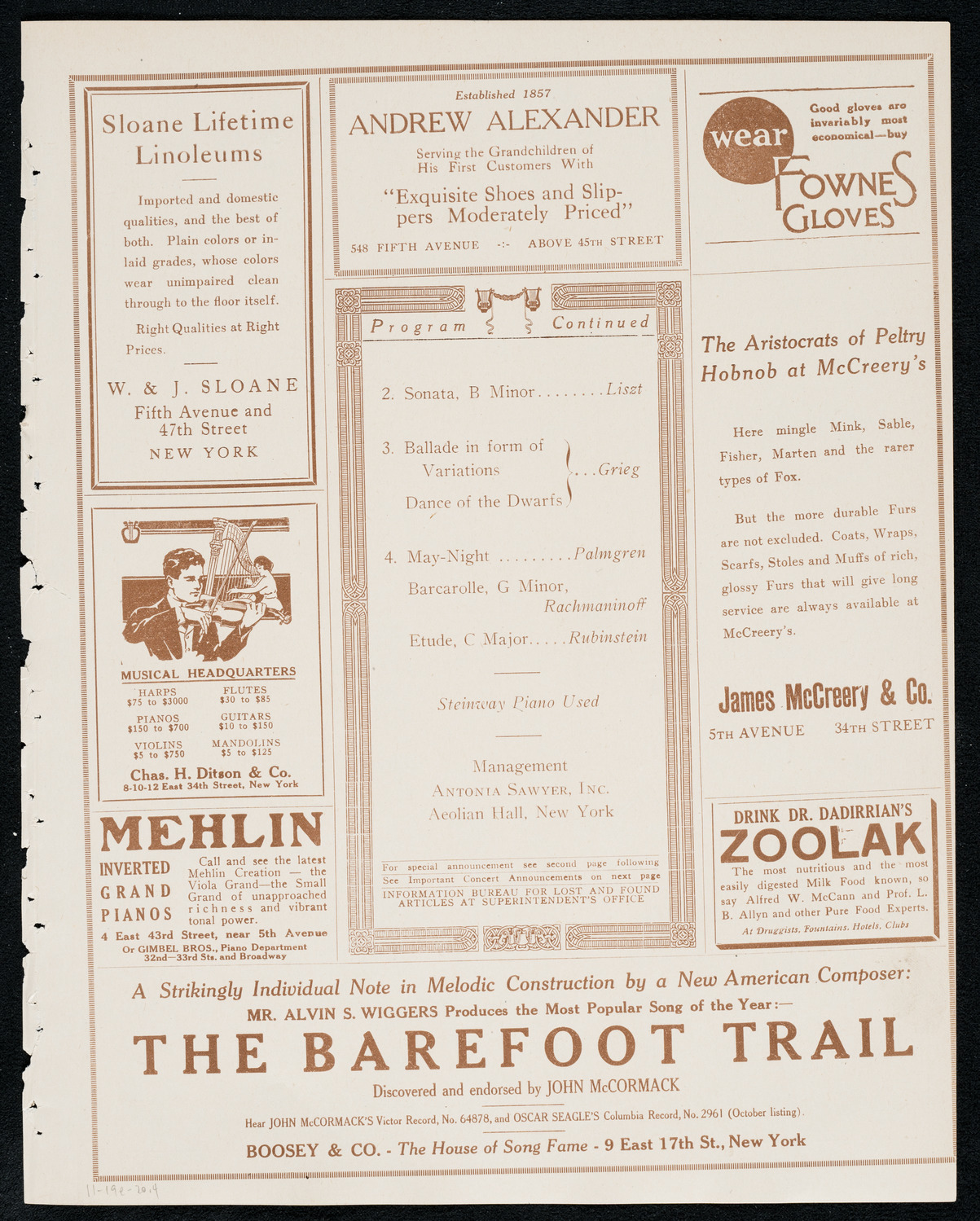 Stell Andersen, Piano, November 19, 1920, program page 7