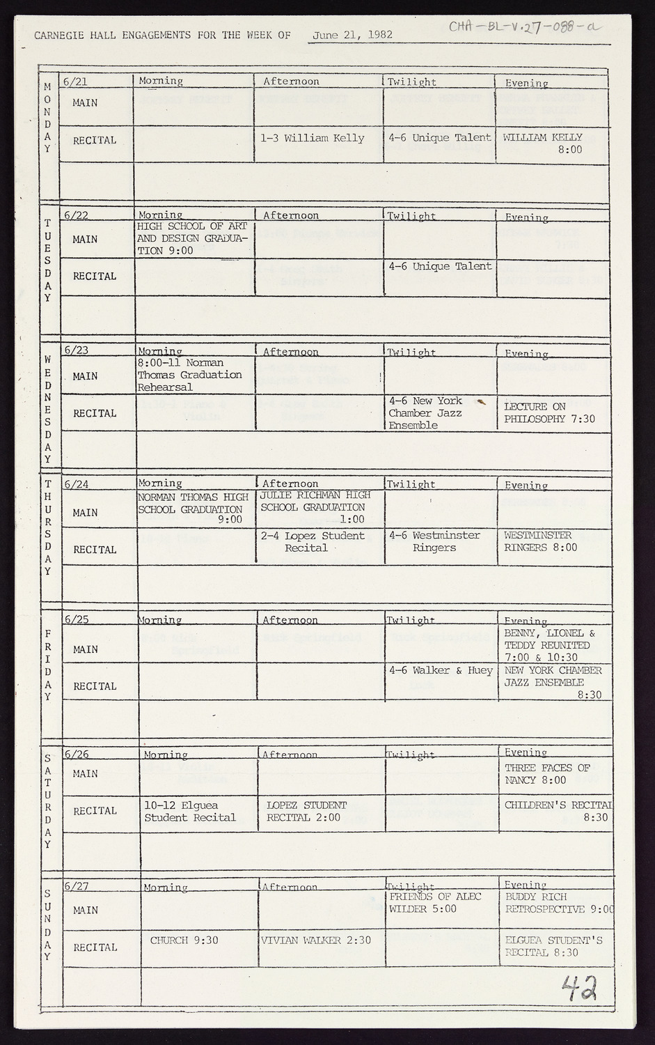 Carnegie Hall Booking Ledger, volume 27, page 88a