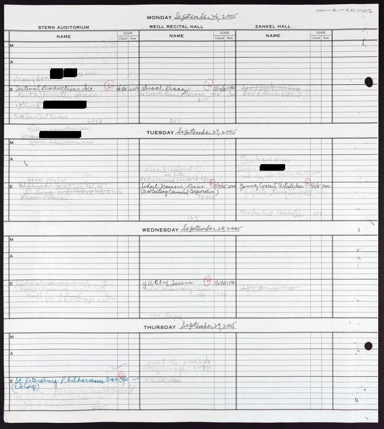 Carnegie Hall Booking Ledger, volume 51, page 12