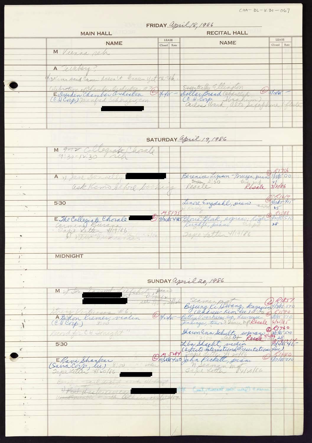 Carnegie Hall Booking Ledger, volume 31, page 67