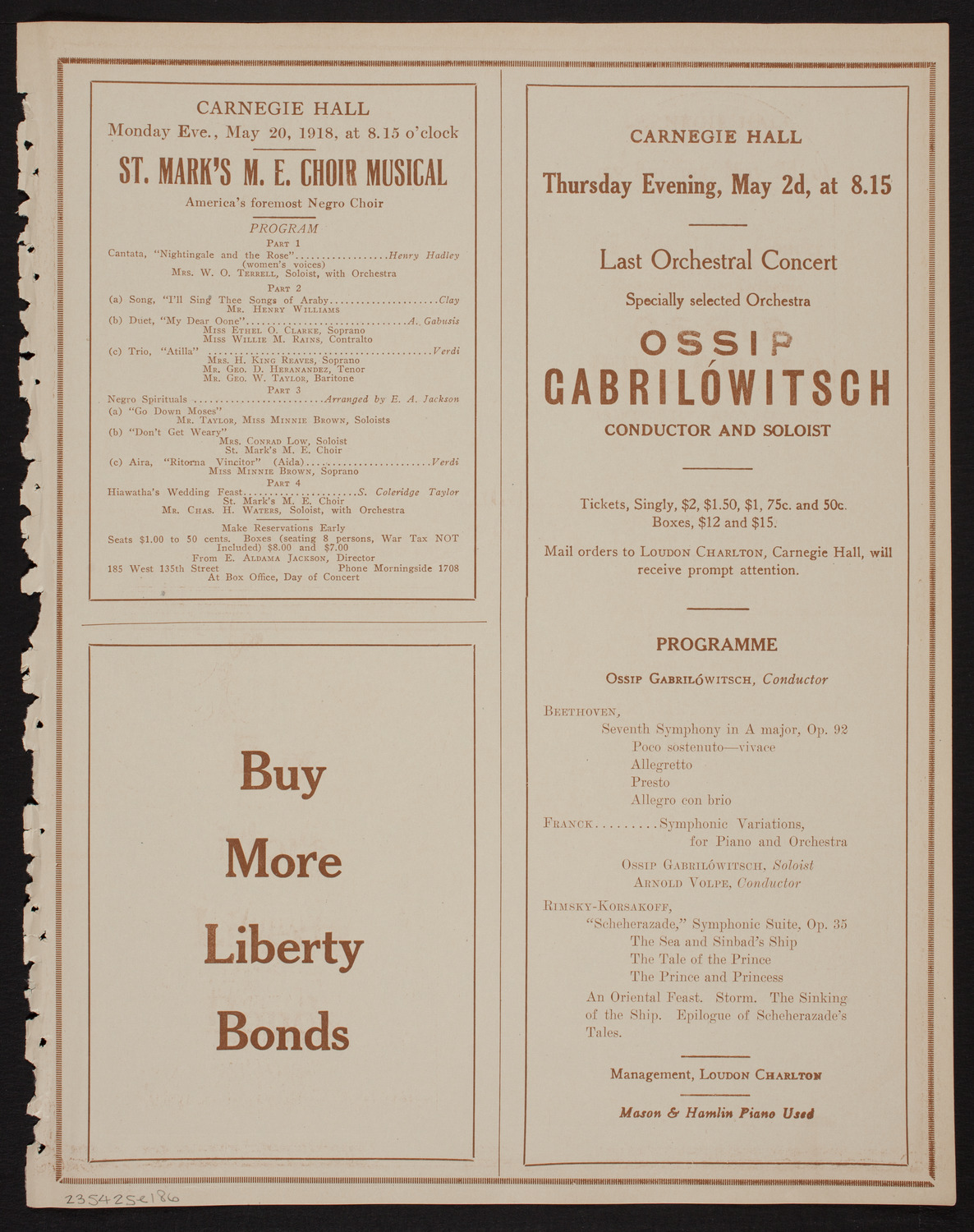 Ossip Gabrilowitsch Orchestral Concert, April 25, 1918, program page 11