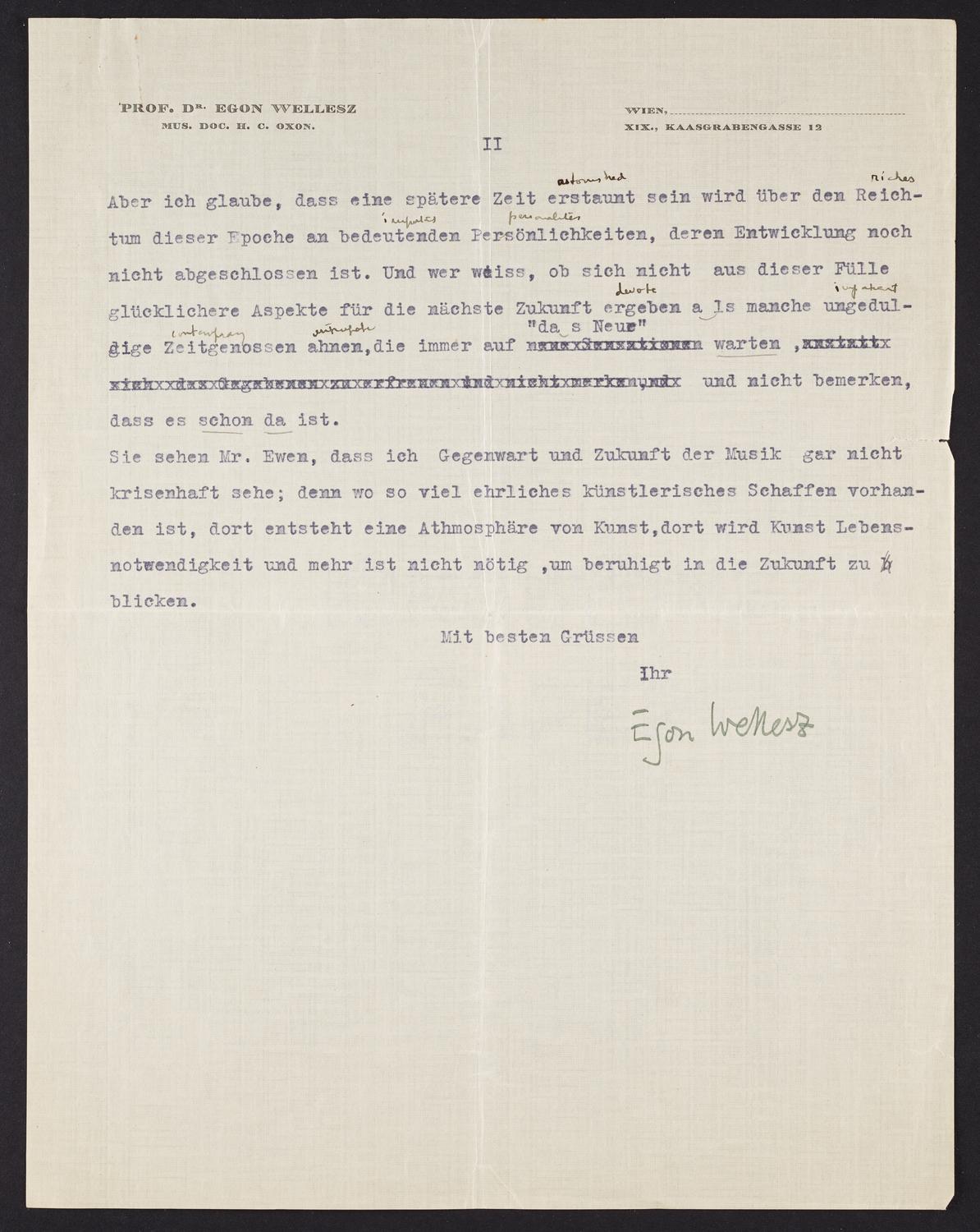 Correspondence from Egon Wellesz to David Ewen, page 2 of 2