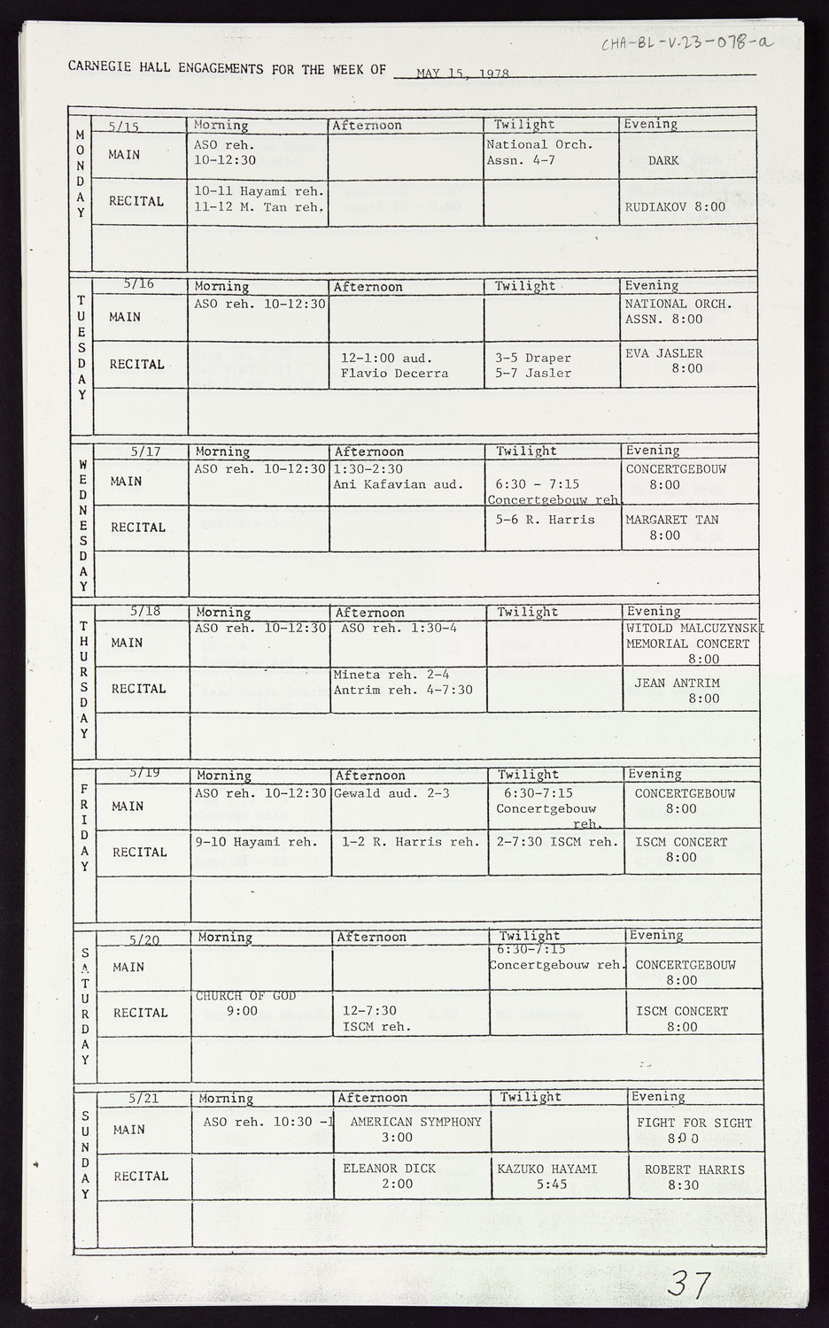 Carnegie Hall Booking Ledger, volume 23, page 78a