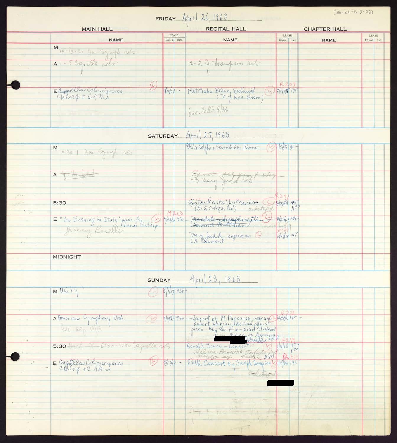 Carnegie Hall Booking Ledger, volume 13, page 69