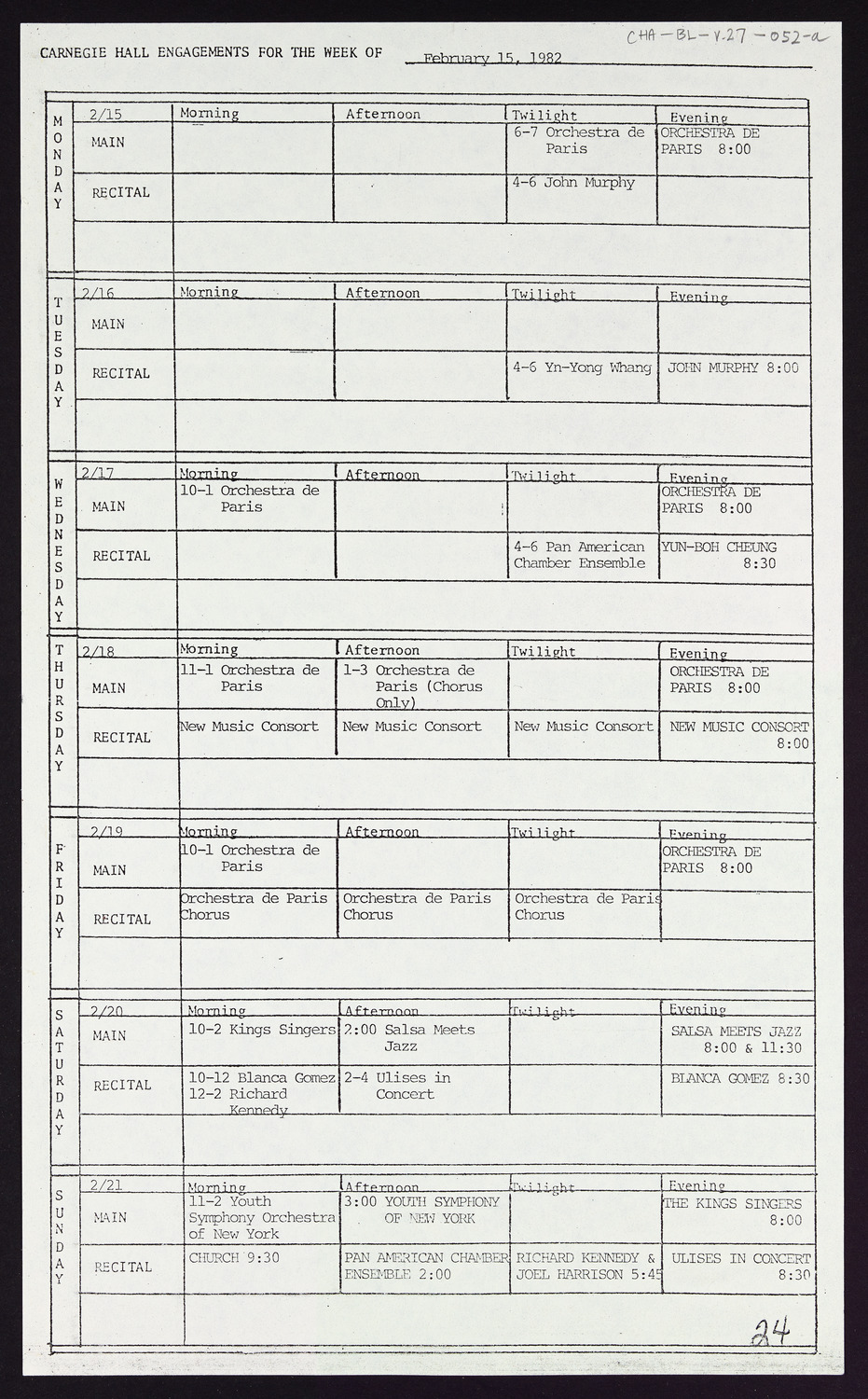 Carnegie Hall Booking Ledger, volume 27, page 52a