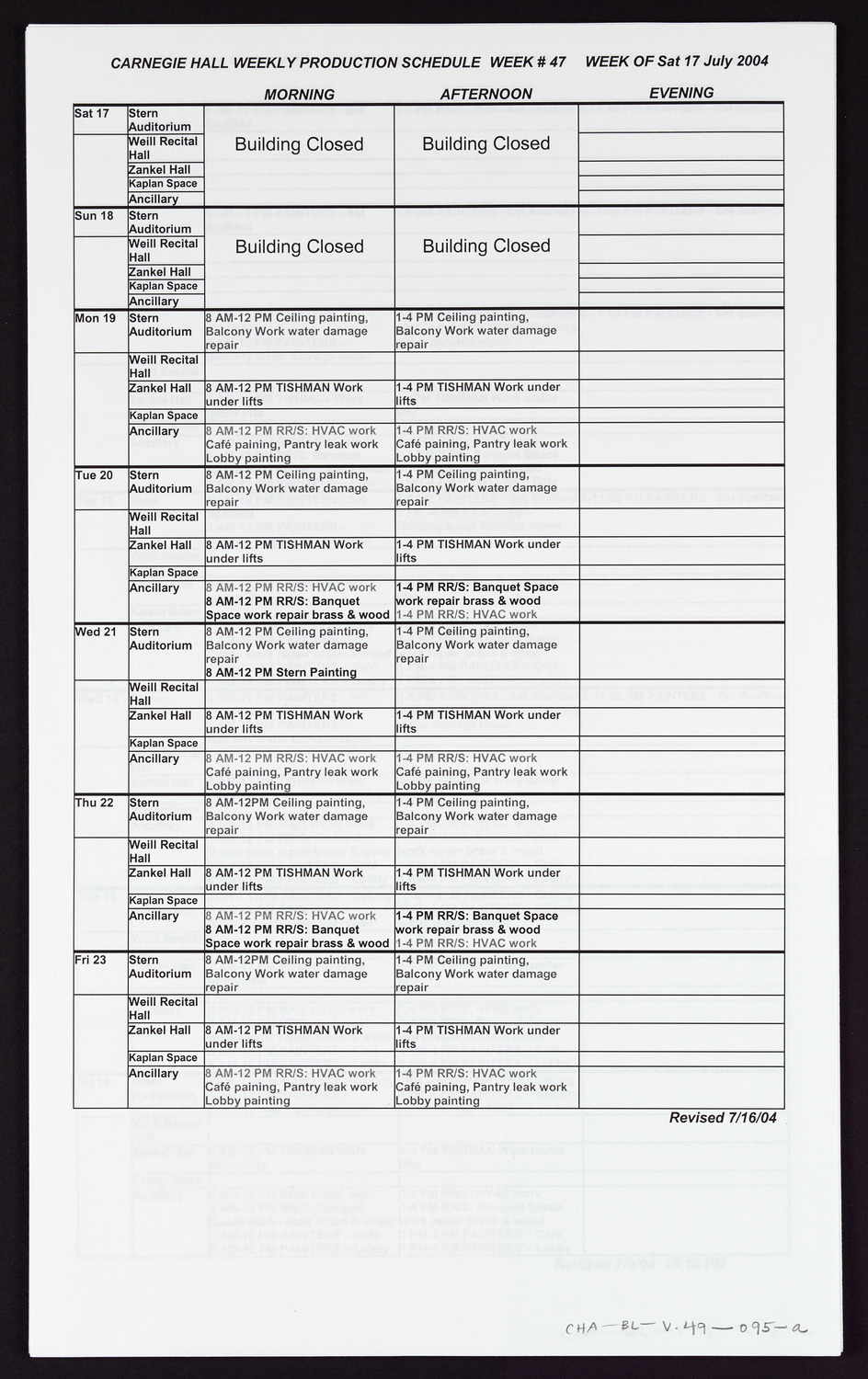 Carnegie Hall Booking Ledger, volume 49, page 95a