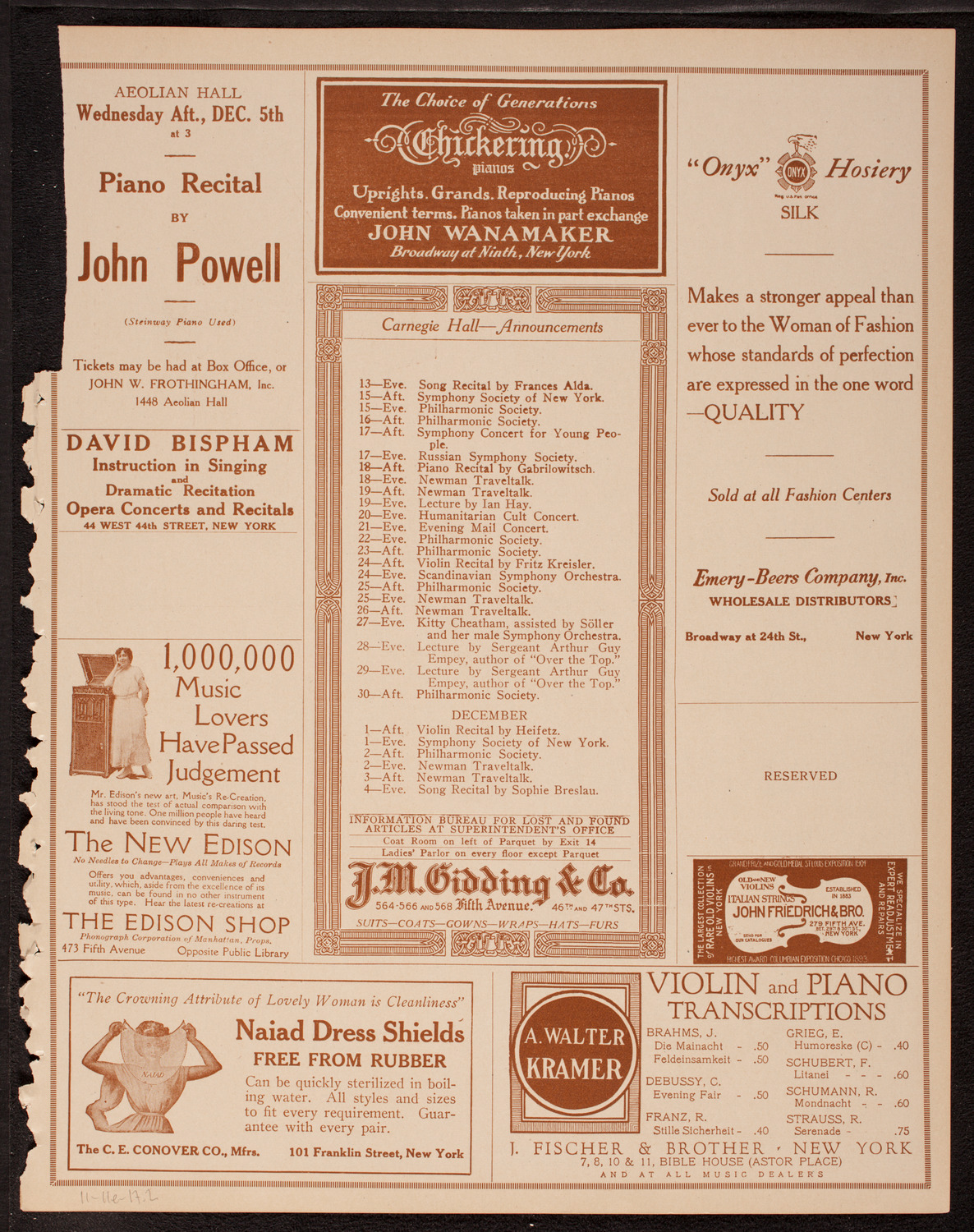 Eddy Brown, Violin, November 11, 1917, program page 3