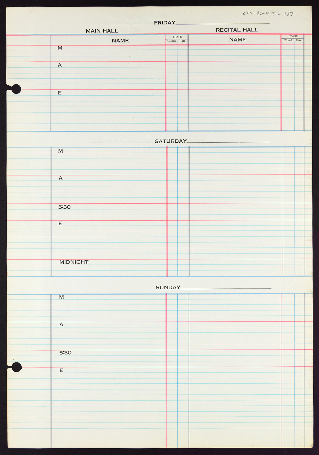 Carnegie Hall Booking Ledger, volume 21, page 107