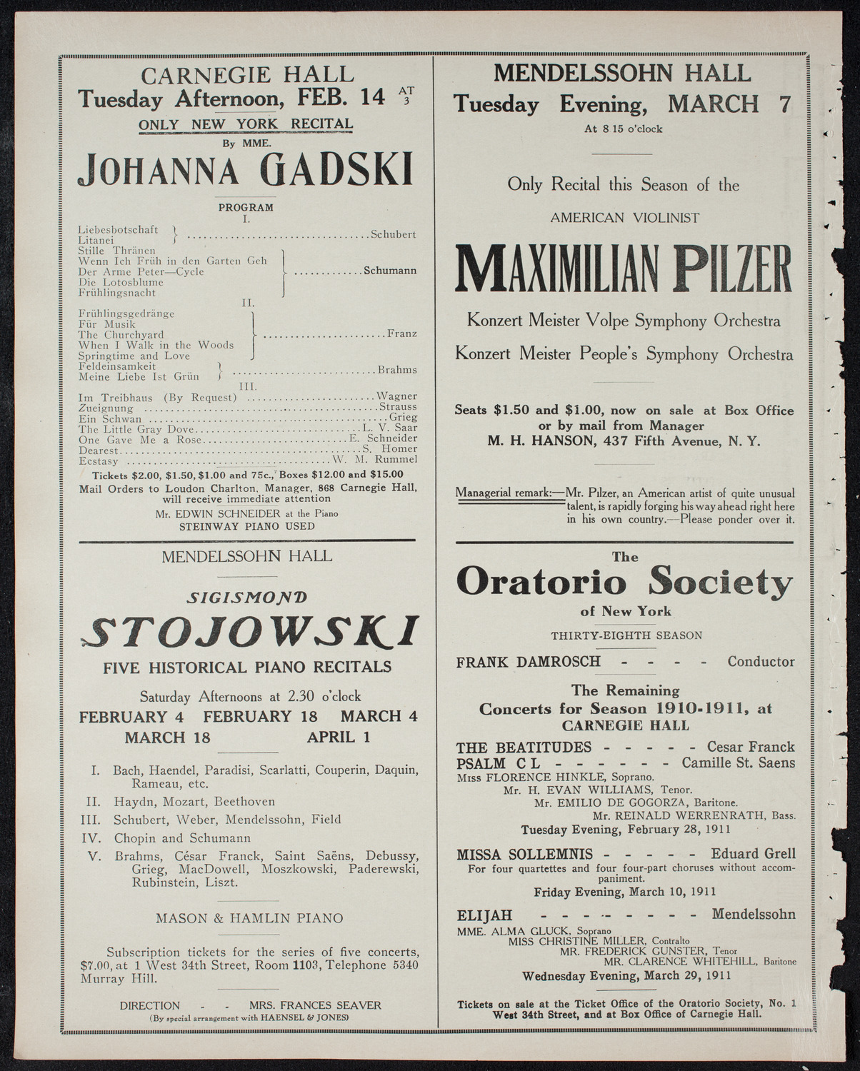 New York Philharmonic, February 5, 1911, program page 10